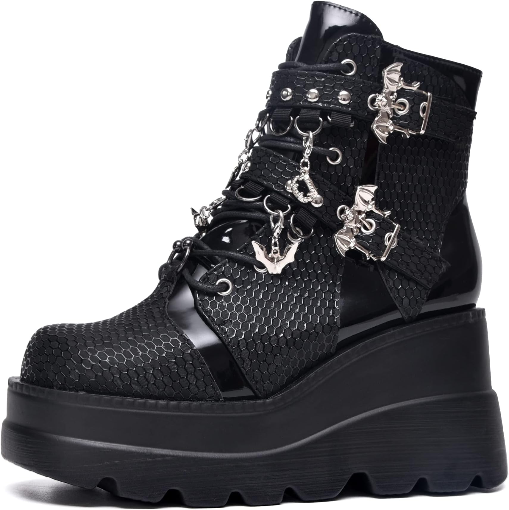 Platform Goth Ankle Boots for Womem Black Holographic Combat Chunky Heel Boots with Side Zip Lace Up Wedge Booties US5.5-11