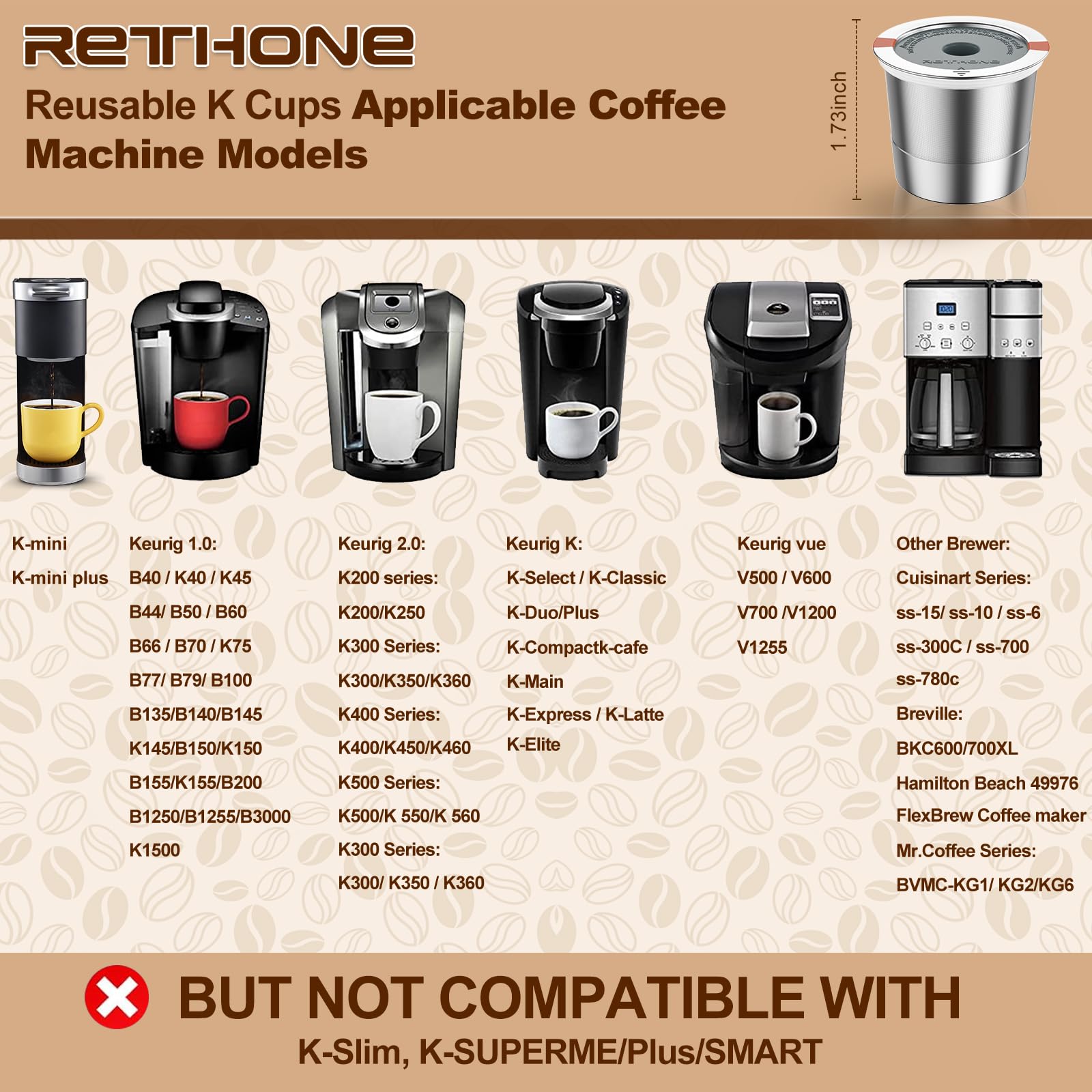 RETHONE K Cup - Cápsulas de café reutilizables, filtro de café reutilizables de acero inoxidable compatible con cafeteras Keurig 1.0 y 2.0, filtros de café recargables sin BPA (paquete de 4)