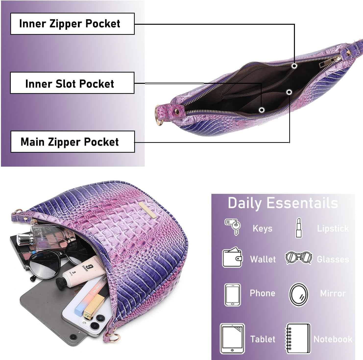 Crocodile Crossbody Hobo Bag for Women,Vintage Crescent Shoulder Purse in Vegan Leather, Soft Chic Handbag for Daily Outfits - Image 6