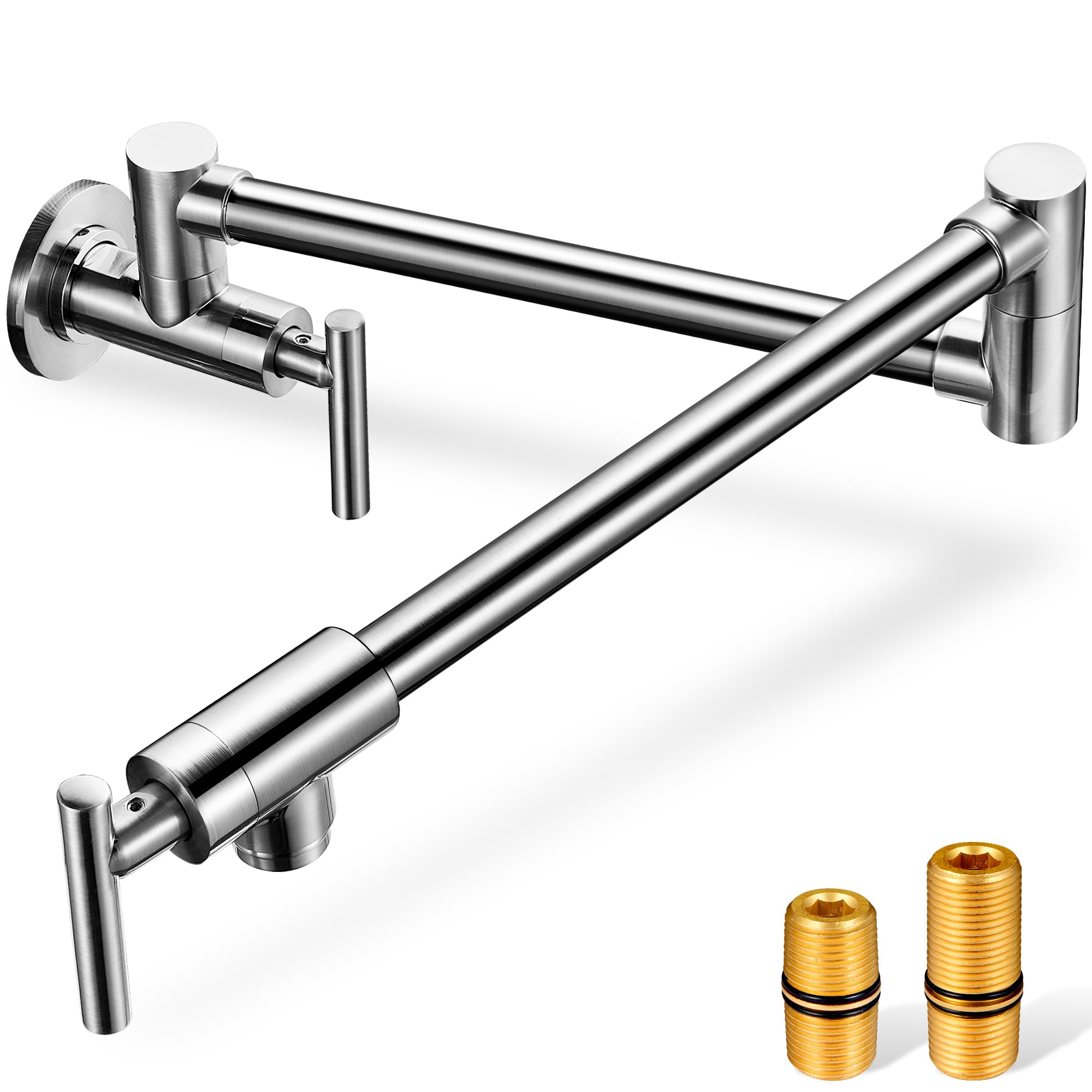 Grifo de llenado de ollas de níquel cepillado, montaje en pared extendido de latón macizo de 26 pulgadas, grifo plegable de cocina de 4.5 GPM con brazos oscilantes de doble junta, relleno de ollas de
