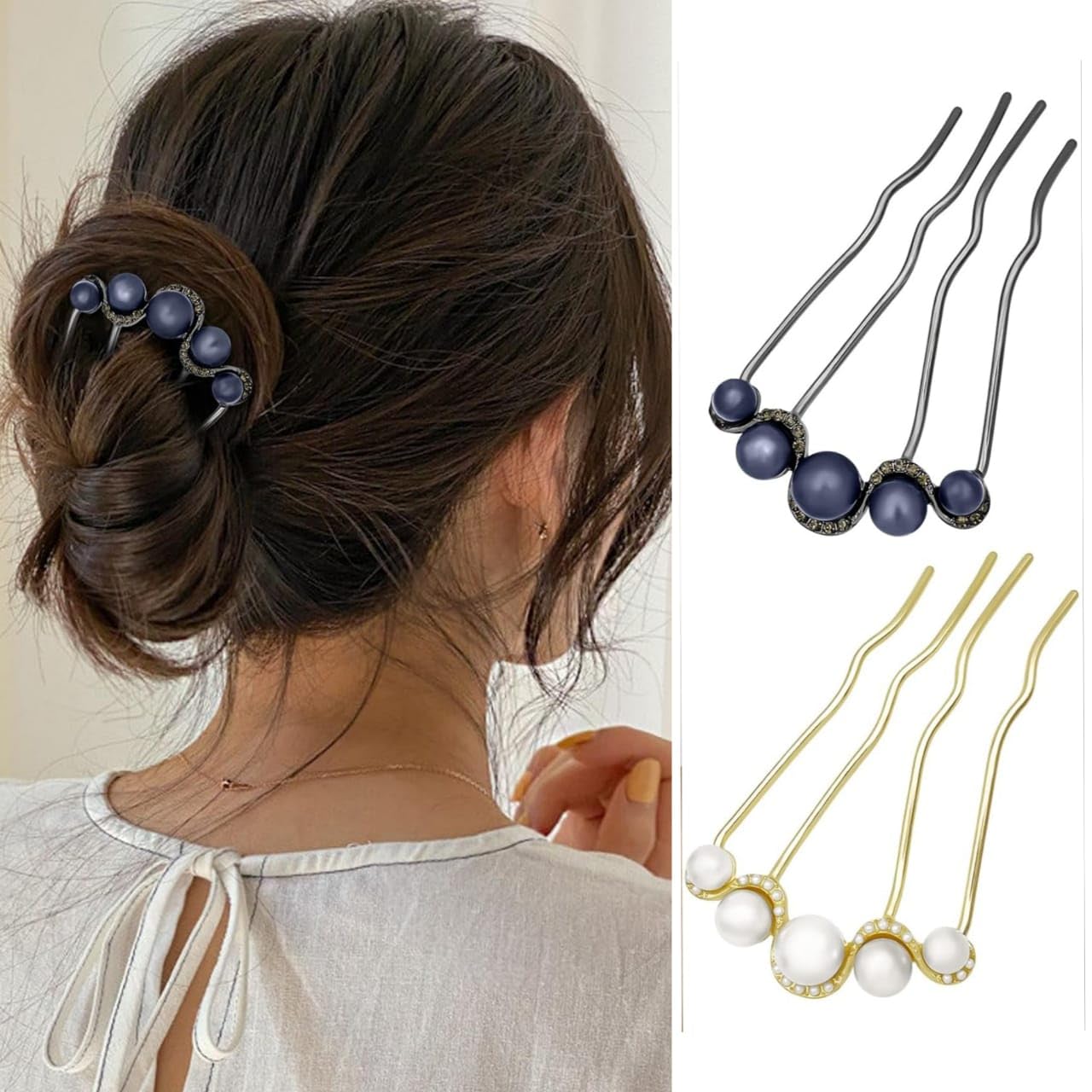 Hair Wala® 02 PCS Metal, Pearl and Rhinestone Designer Hair Pins, 3.5 cm Decorative U-Shaped Juda Comb, White and Navy Blue-image-47