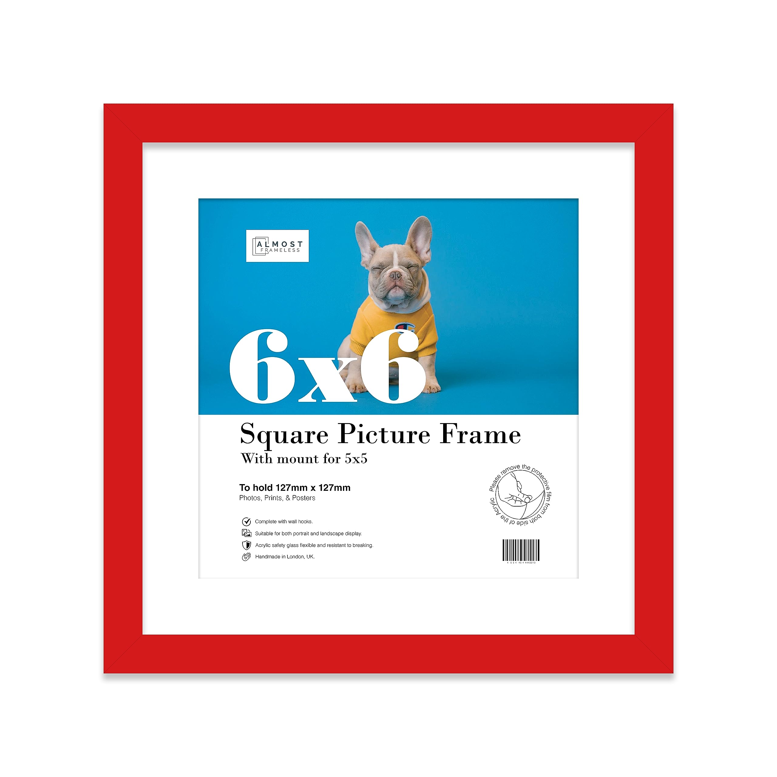 Almost Frameless Red 6X6 Picture Frame, Display Pictures 5X5 With Mat Or 6X6 Without Mat, Wall Hanging & Free Standing Photo Frame, 1 Pack