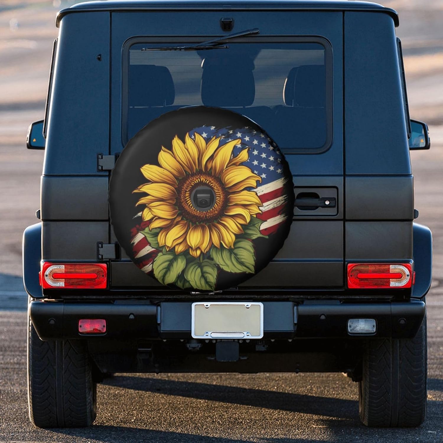 American Flag Sunflower Spare Tire Cover with Backup Camera Hole fit for Wrangler JL Leather Tire Wheel Protectors (17 inch)