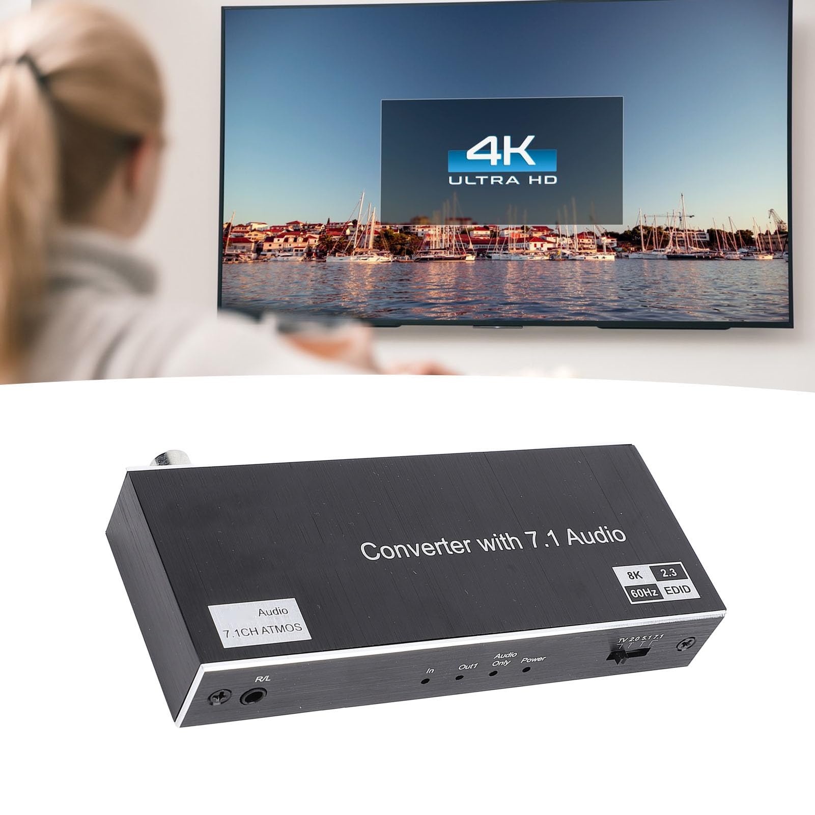 8K 3D HD Display Interface Splitter, 1 in 2 Out, 8K 60Hz, DTS HD, TrueHD, AC3, PC Game Machine Compatible, Aluminum Alloy Material (US regulations)