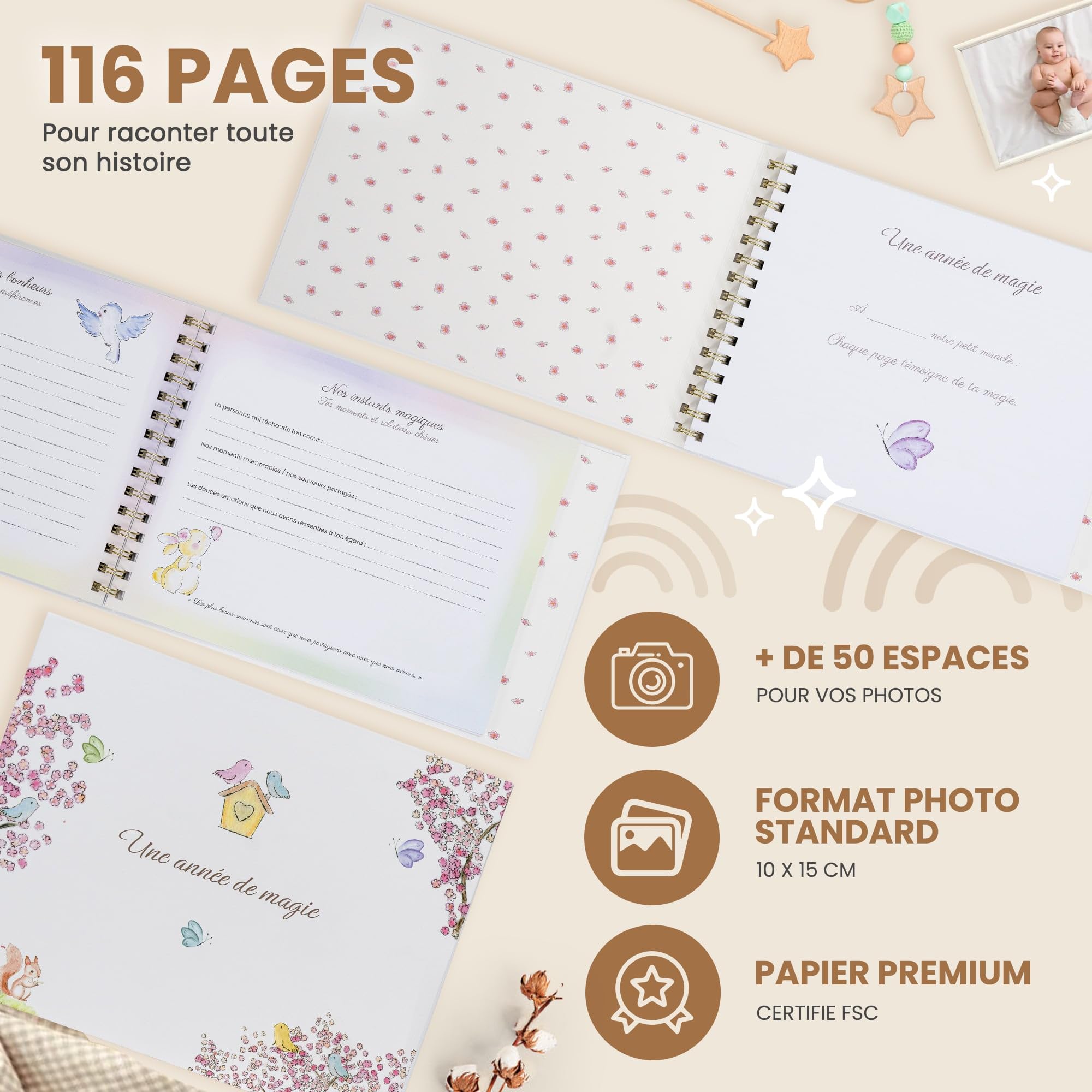 Livre de naissance bébé avec Clé Usb pour les souvenirs numérique et Pochon pour la 1ère tenue- Album Photo Bebe 116 pages pour coller vos photos et écrire - Idéal Cadeau naissance fille et garçon