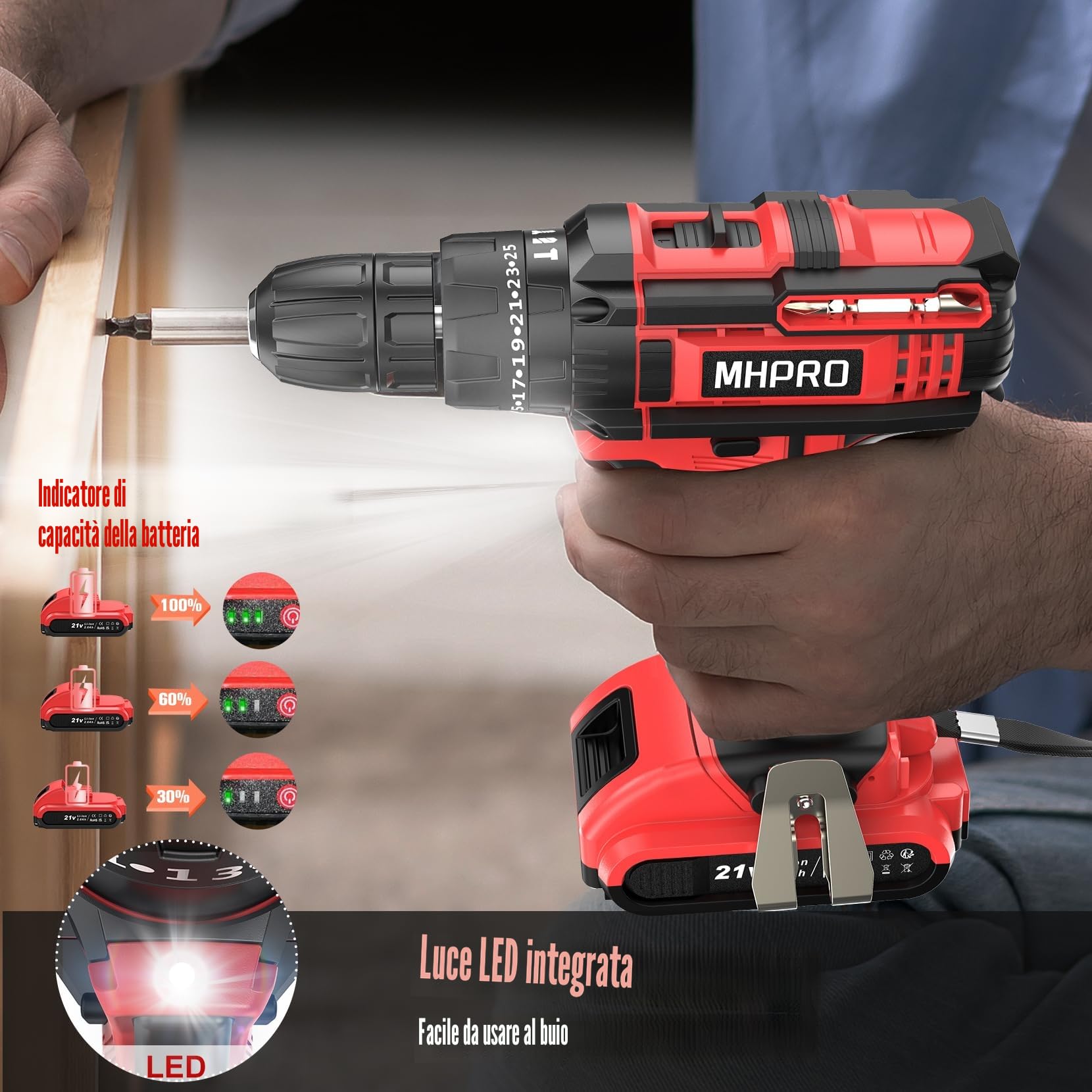 Trapano Avvitatore Batteria 21V, Avvitatore a Batteria con Batterie 2.0Ah, 42Nm Avvitatore Elettrico, 25+3 Coppie, 2 Velocità, 23CS Accessori, LED Luce per Casa Progetto