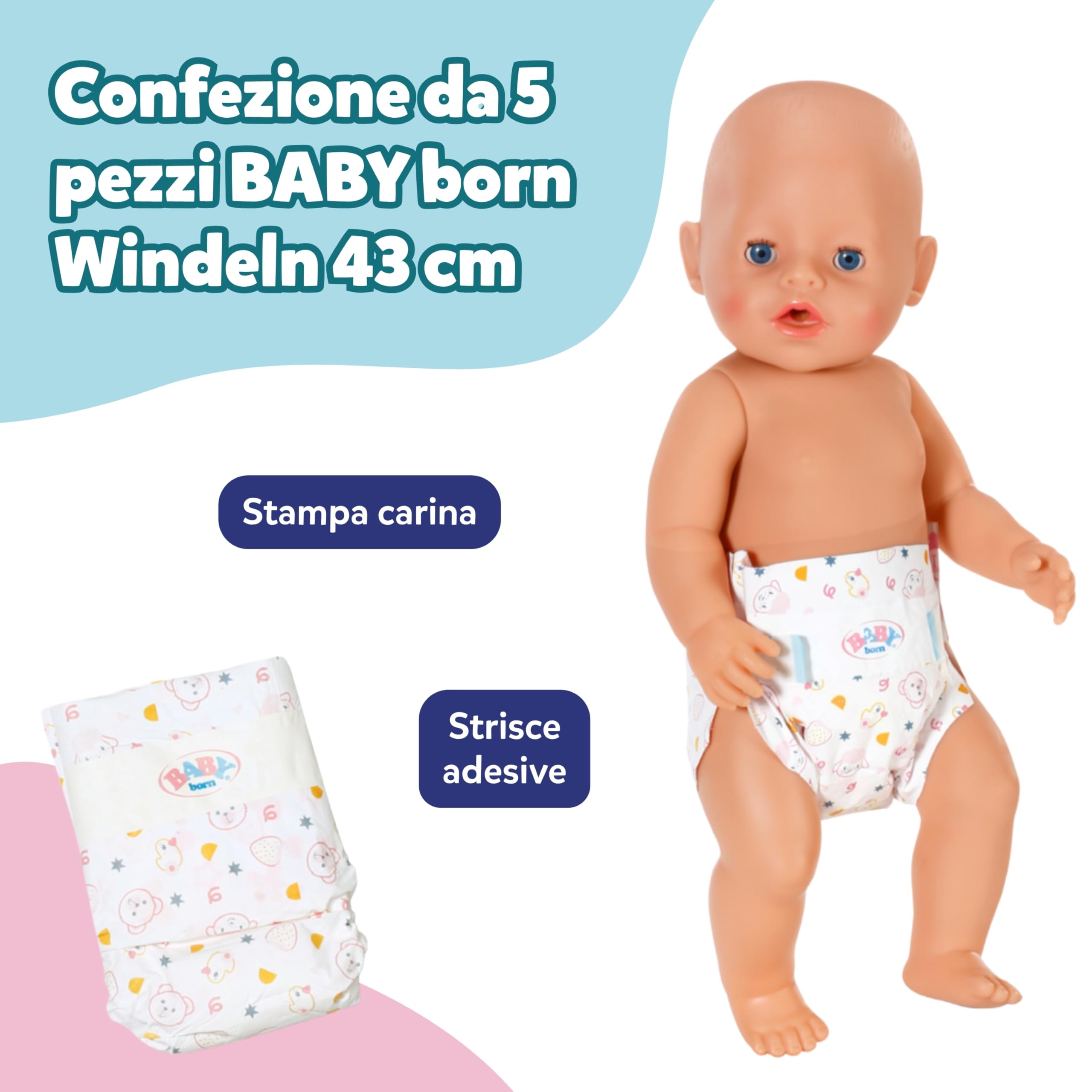 BABY born 5 pannolini per bambole - Con simpatica stampa e strisce adesive - Accessori per bambole di alta qualità - Accessori adatti a bambole da 43 cm