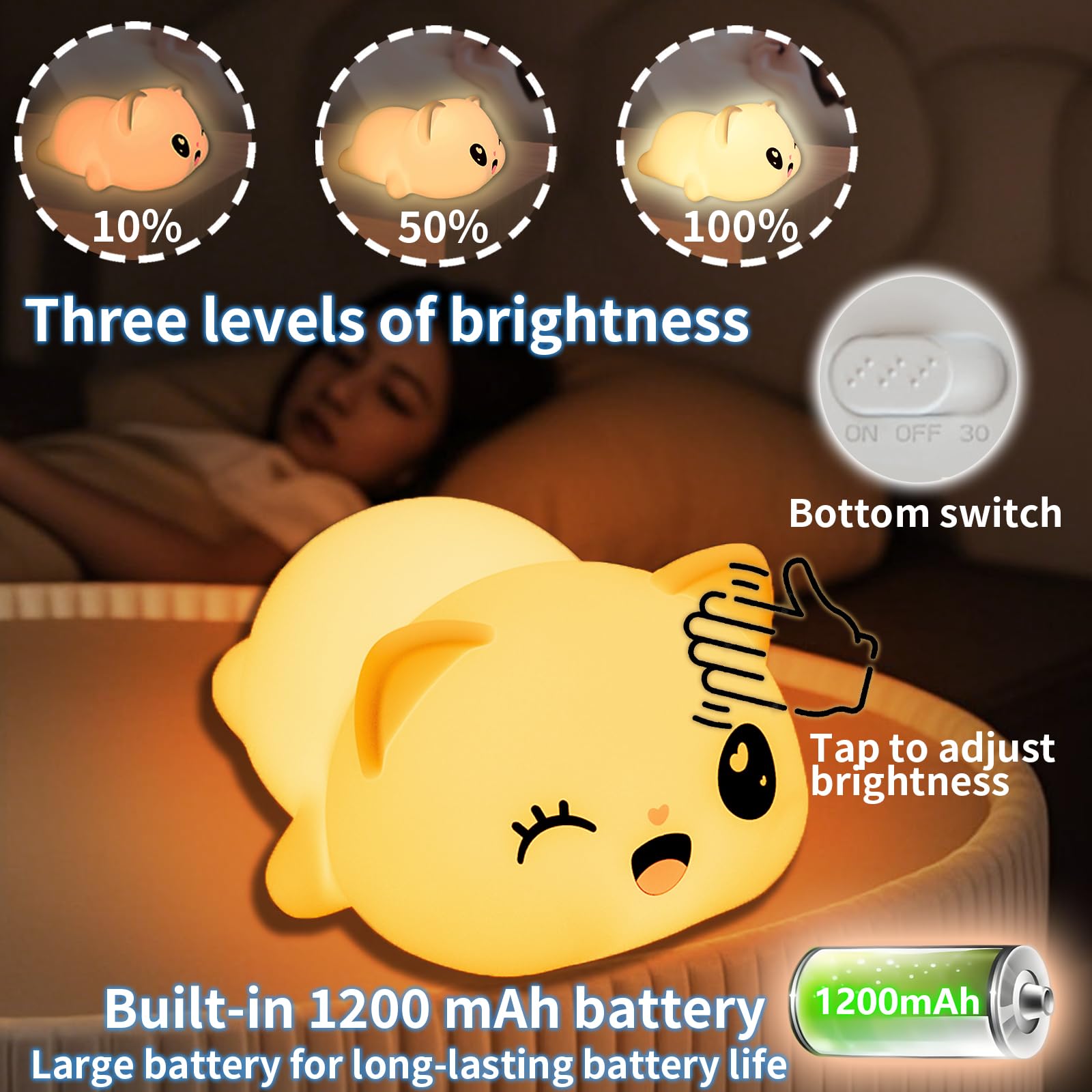 Colorful Life Linda luz de grifo de silicona para gatos, luz nocturna suave con 3 modos de color, lámpara LED recargable para mesita de noche para niños y niñas (blanco cálido, se ilumina cuando se
