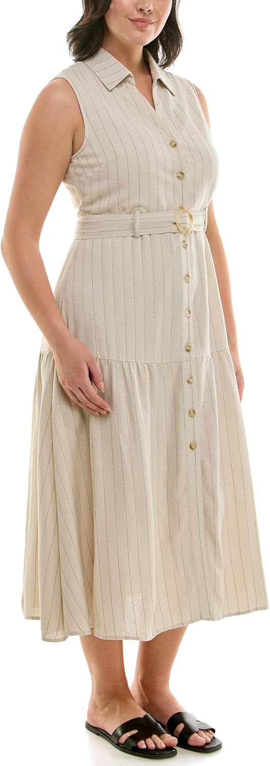Nicole Miller New York Womens Sleeveless Shirt Collar Belted Tiered Shirt Dress