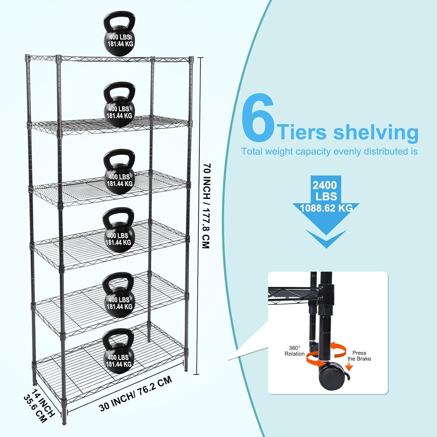 Whitmor 6 Tier Storage Shelves, Heavy Duty with Wheels, 400 lbs Capacity per Shelf, Max 2400 lbs Total, Adjustable Storage Units for Garage, Laundry, Plant, 30" L x 14" W x 70" H, Black