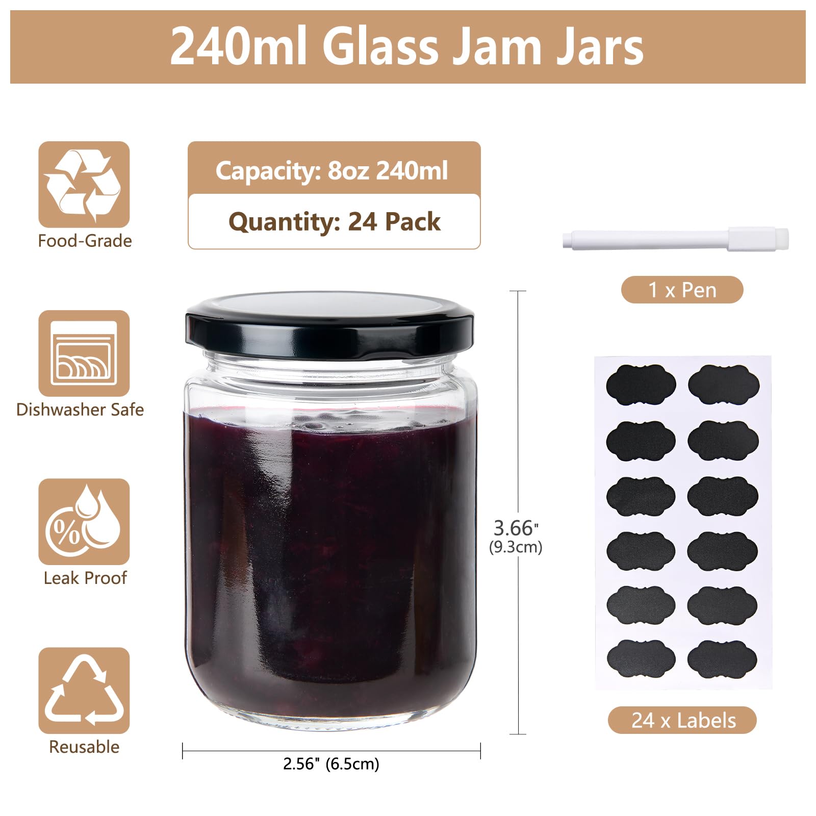 YBCPACK Marmeladengläser mit schwarzem Deckel, klare Chutney-Gläser, 240 ml, kleine Einmachgläser für Gelee, Honig, Gurken, 240 ml, 24 Stück