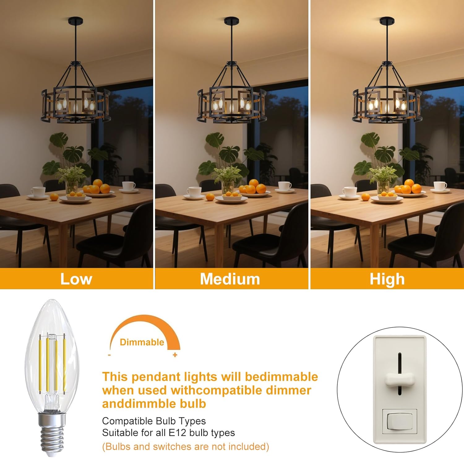 20" Dining Room Light Fixture/Chandelier Over Table, 5-Light Black & Wood Grain Farmhouse Chandeliers for Dining Room, Industrial Metal Hanging Pendant Lights Fixture for Kitchen Island Foyer Entryway