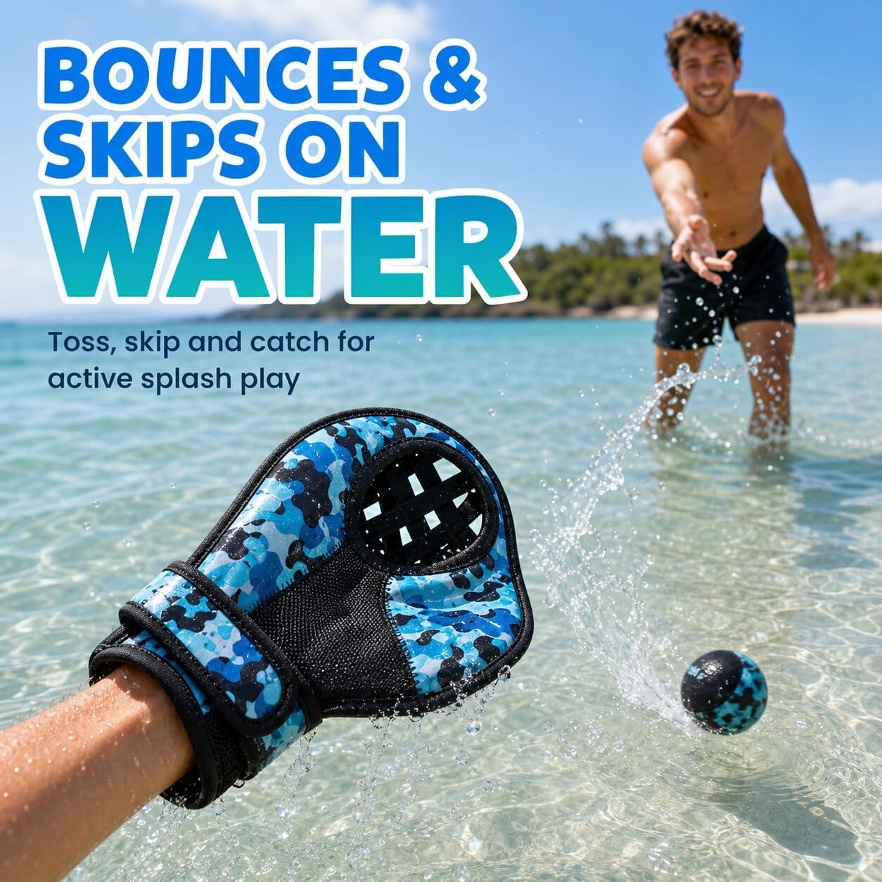 Water Baseball Glove Set with 2 Catch Gloves and Bouncing Ball, One Size Pool Toy for Beach Games, Lake Trips and Backyard Summer Fun, Ambidextrous Design