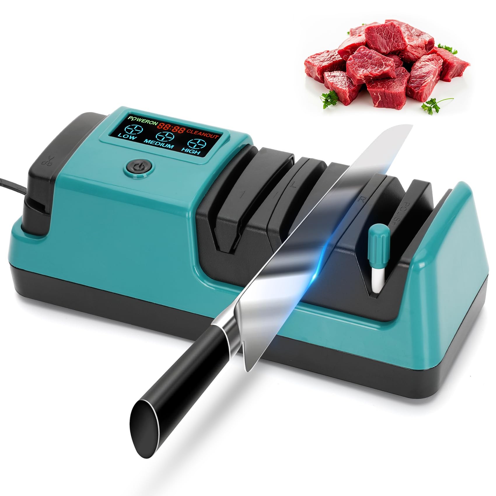 Electric Knife Sharpener with LCD Screen for Straight Serrated Meat Cleaver Ceramic Knives Scissors 3 Rotational Speed Adjustable