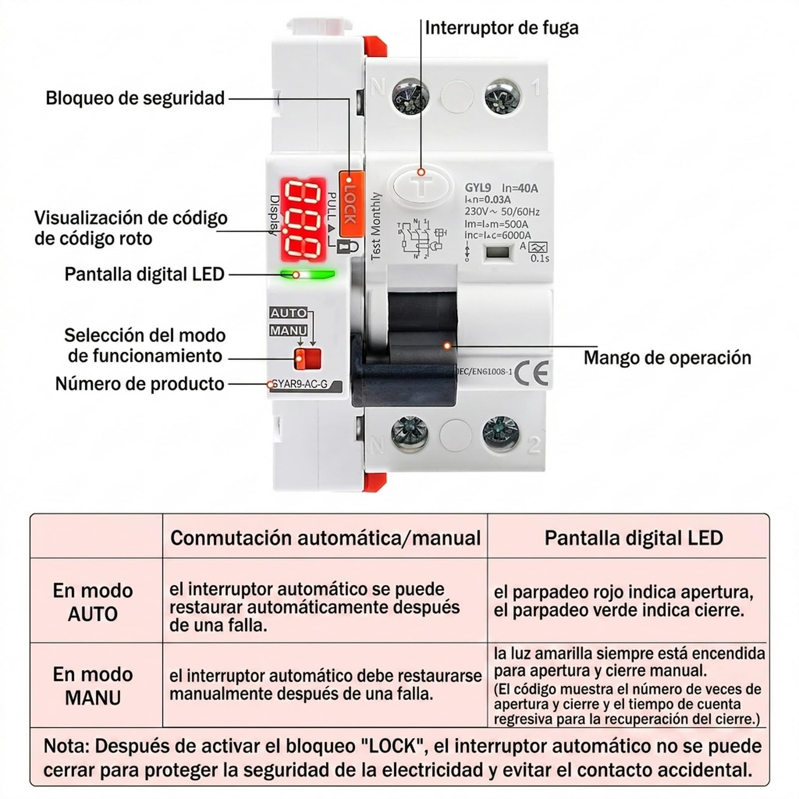 Diferencial auto rearmable 40A 30ma Diferencial superinmunizado rearmable RCCB Typ A mit Digitalanzeige 220V 2P Automatic Wiedereinschalten im Auto-Modus erhältlich.