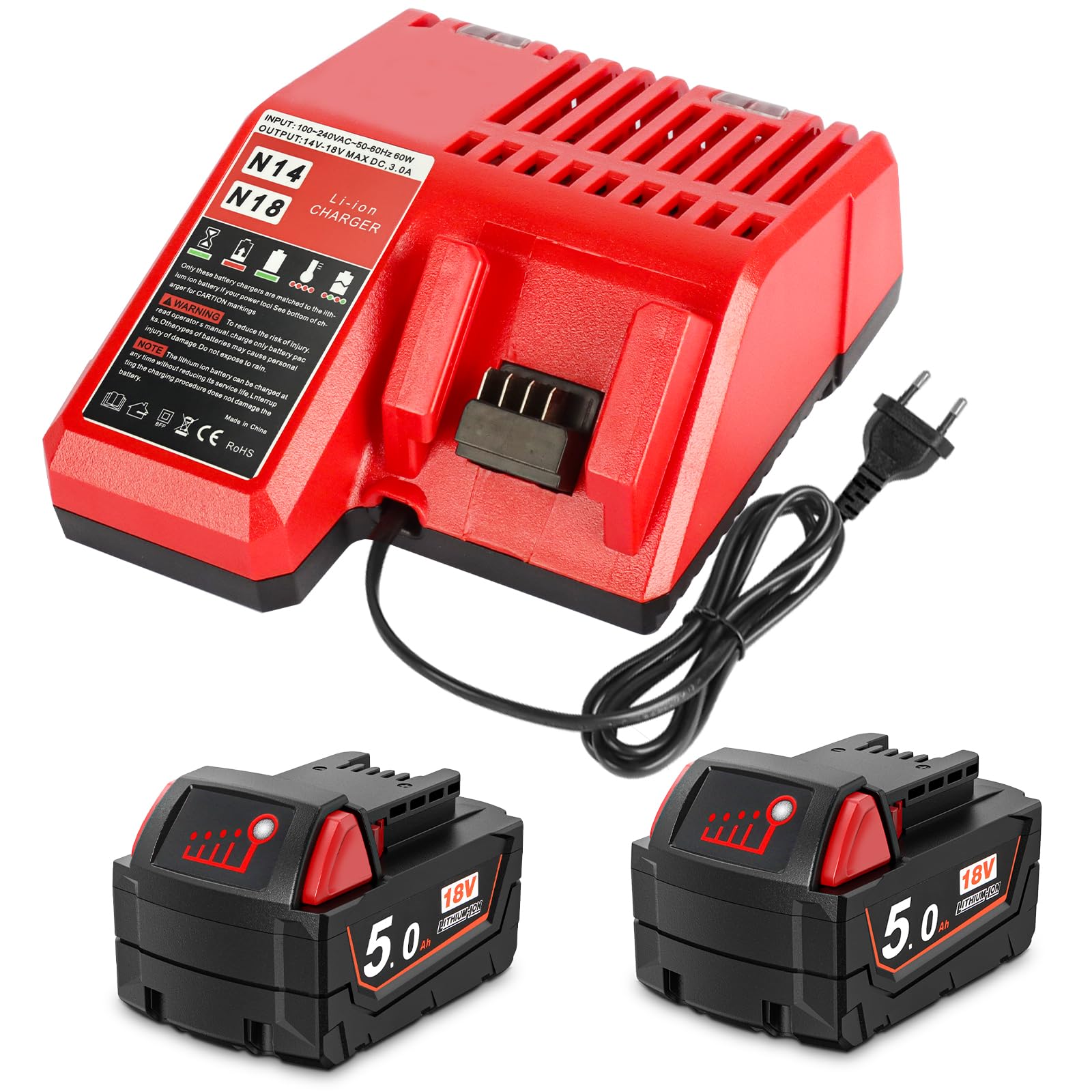 Powarobor 2X M18B5 18V 5,0Ah Batterie & Chargeur Kit pour Milwaukee M18 | 48-11-1850/48-11-1820/1828/1840/1860,Compatible avec les outils sans fil Milwaukee M18 18V