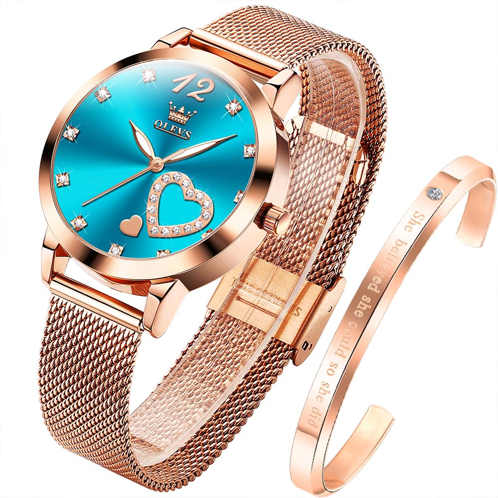 OLEVS Damenuhr Roségold mit Herz Diamant Quarz Armbanduhr Wasserdicht Gürtel Armreif Set