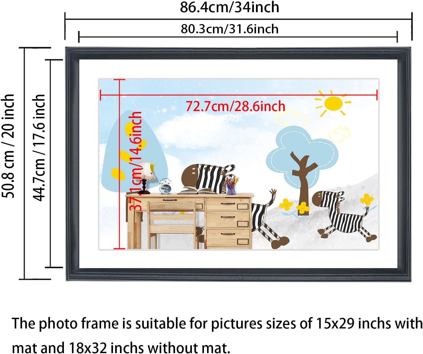 18x32 Panoramic Picture Frames Solid Wood ,With White Mat ,Fit 15x29 inch Photos with Mat or 18x32 without Mat，Poster Frame 18x32Photo Frames Family Wall 15x29 Picture Frame Black (L23B1832W1529)