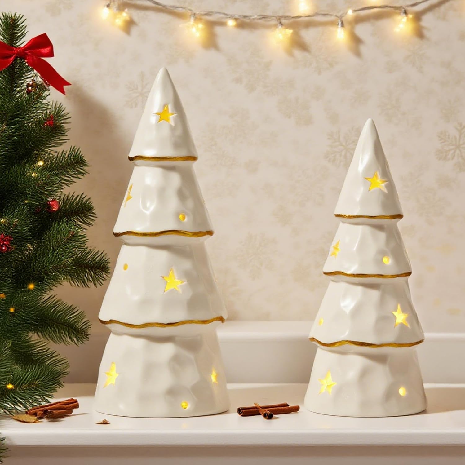 DN DECONATION White Christmas Ceramic Tree with Lights, Prelit Porcelain Tabletop Xmas Trees, 2Pcs Battery-Operated Christmas Tree Figurines for Christmas Mantel Desk Table Centerpieces Decor