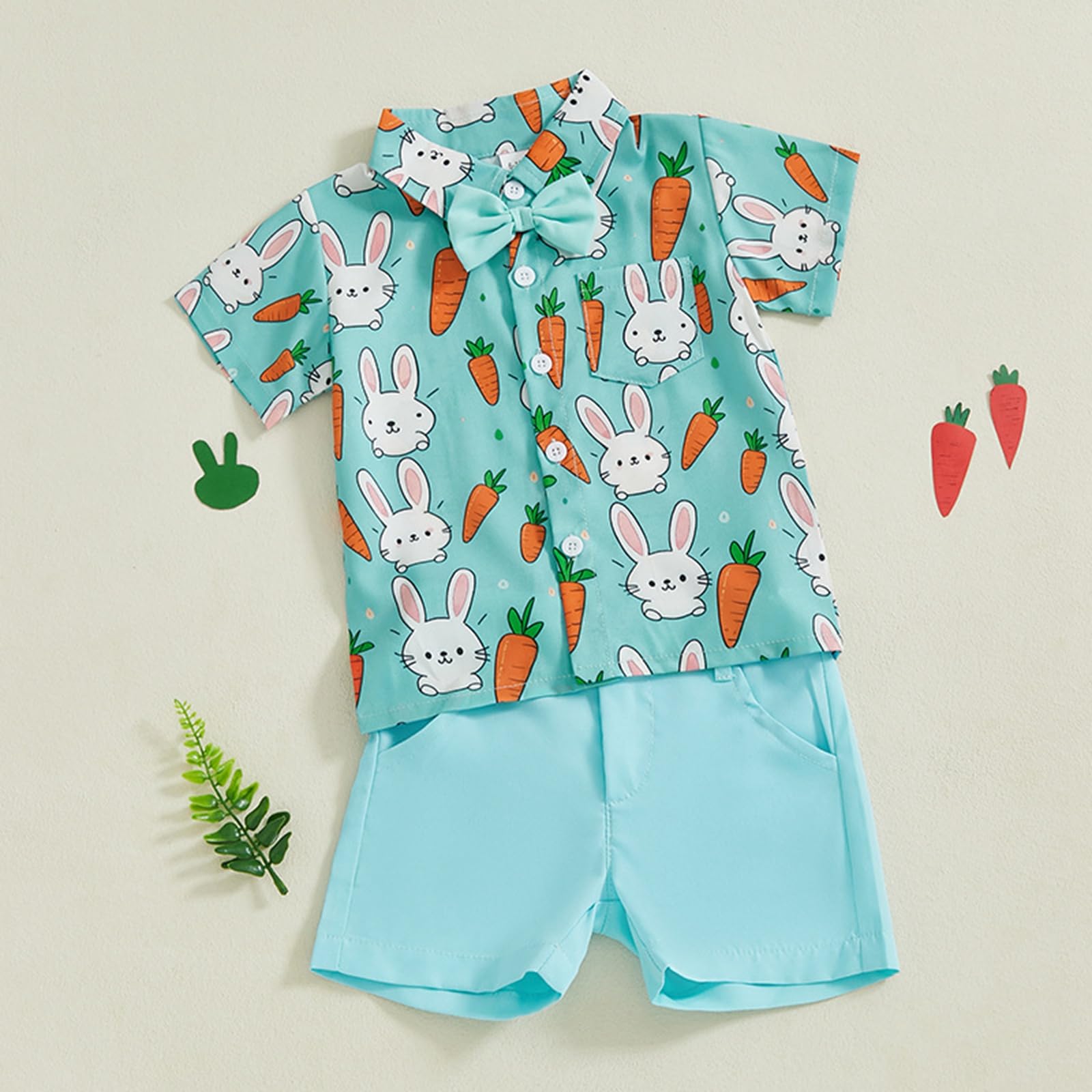 Toddler Baby Boy Bunny Easter Day Outfits Gentleman Suit Set Button Up Shirts and Suspender Shorts Rabbit Carrot Clothes (Rabbit Carrot Blue, 2-3T)