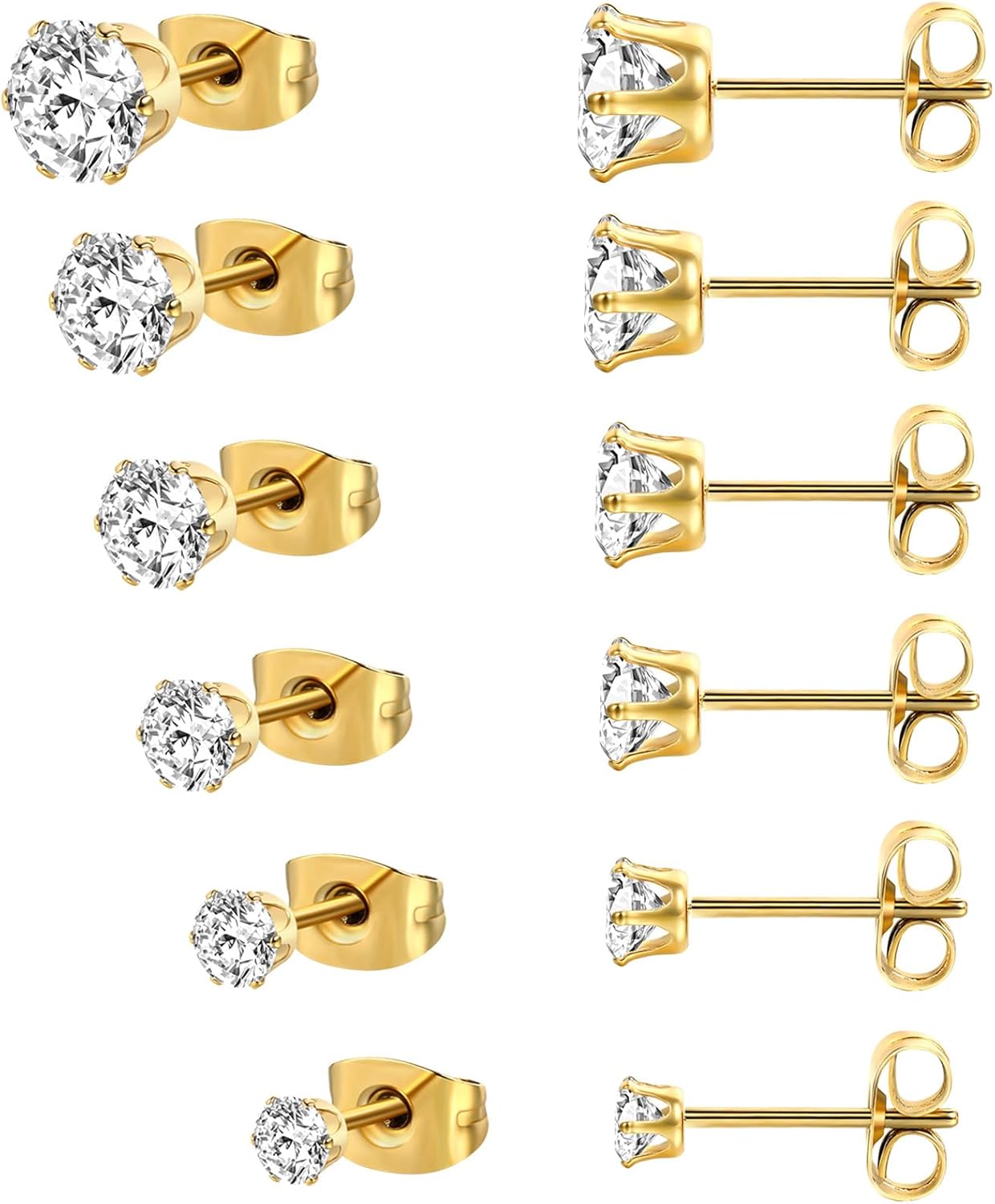 MDFUN 6 Pairs Stud Earrings Sets 3-8MM 18K Gold Plated Round 5A+ Cubic Zirconia Earrings Hypoallergenic CZ 6 Prong Ears Jewelry for Women