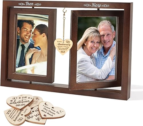 Miniatura 1 de Yakucho Marco de fotos flotante giratorio para parejas, marco de ideas de regalos de boda, con capacidad para 2 fotos con 5 colgantes de corazón