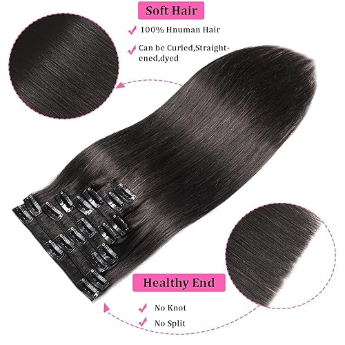 Miniatura 6 de Extensiones de cabello humano con pinzas, 100% Remy, 8 piezas por juego, con 18 clips, extensiones de cabello lacio color negro natural, doble