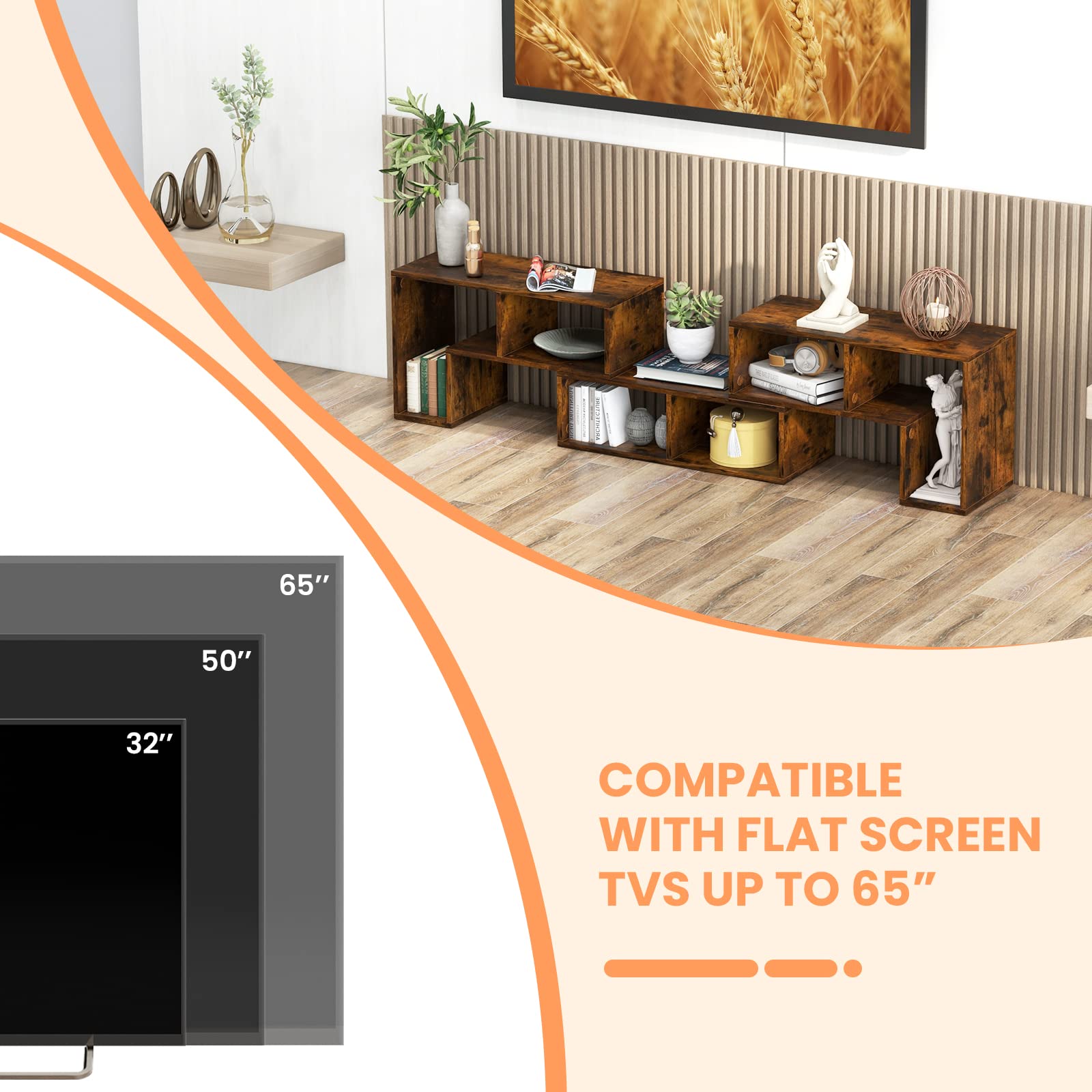 KOMFOTTEU Mobile TV Soggiorno in Legno, Mobile Porta TV Liberamente Combinabile, per TV fino a 65”, Mobiletto TV Multifunzione con 6 Vani Aperti, 134 x 30 x 43 cm (Marrone)
