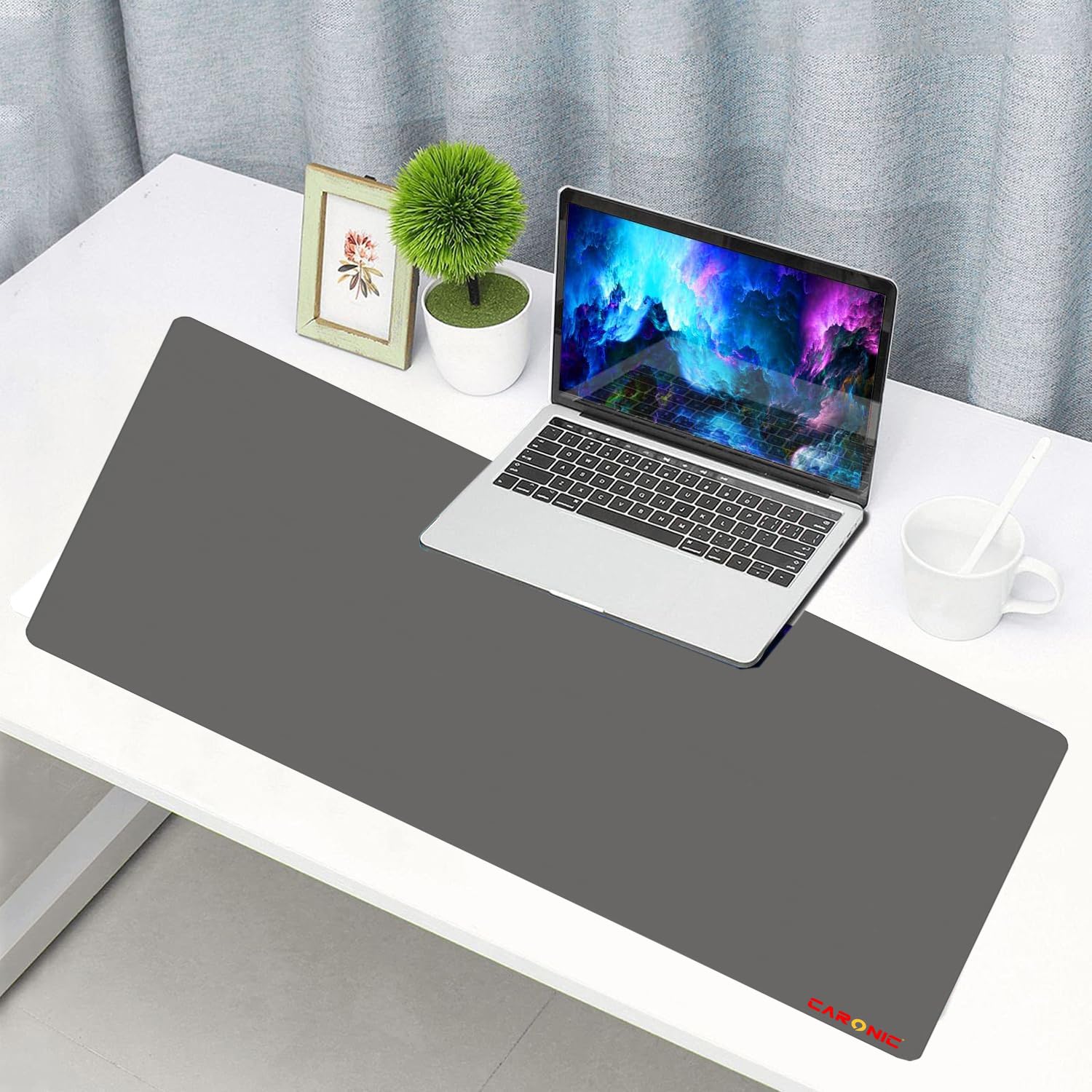 CARONIC Large Gaming Mouse Pad with Superior Micro Weave Cloth Extended Desk Mousepad with Stitched Edges Non-Slip Base Water Resist Keyboard Pad For Gamer And Office Home (Grey)