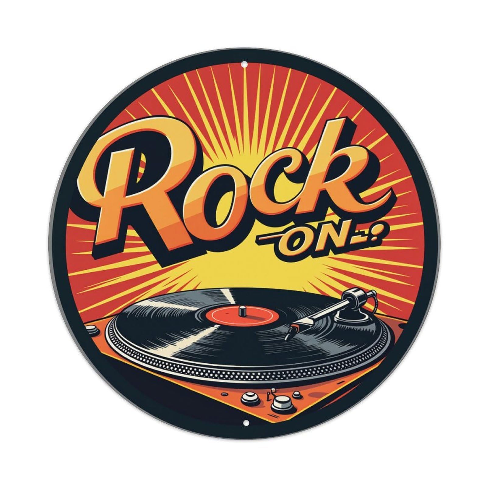 Rock On Vinyl Record Turntable Round Tin Sign Retro Metal Sign for Cafe Bar Pub Home Game Room Gym Club Wall Decoration Vintage Metal Poster 8x8 Inch