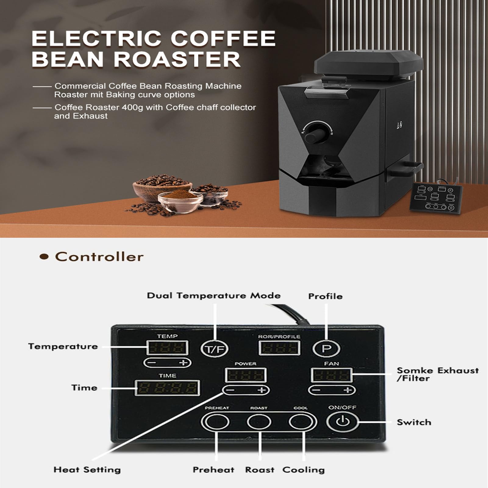 Tostatrice per caffè da 500 g, 3 programmi di tostatura, macchina per tostare i chicchi di caffè in casa con filtro antifumo, macchina per tostare automaticamente, 49,2x26,4x40 cm