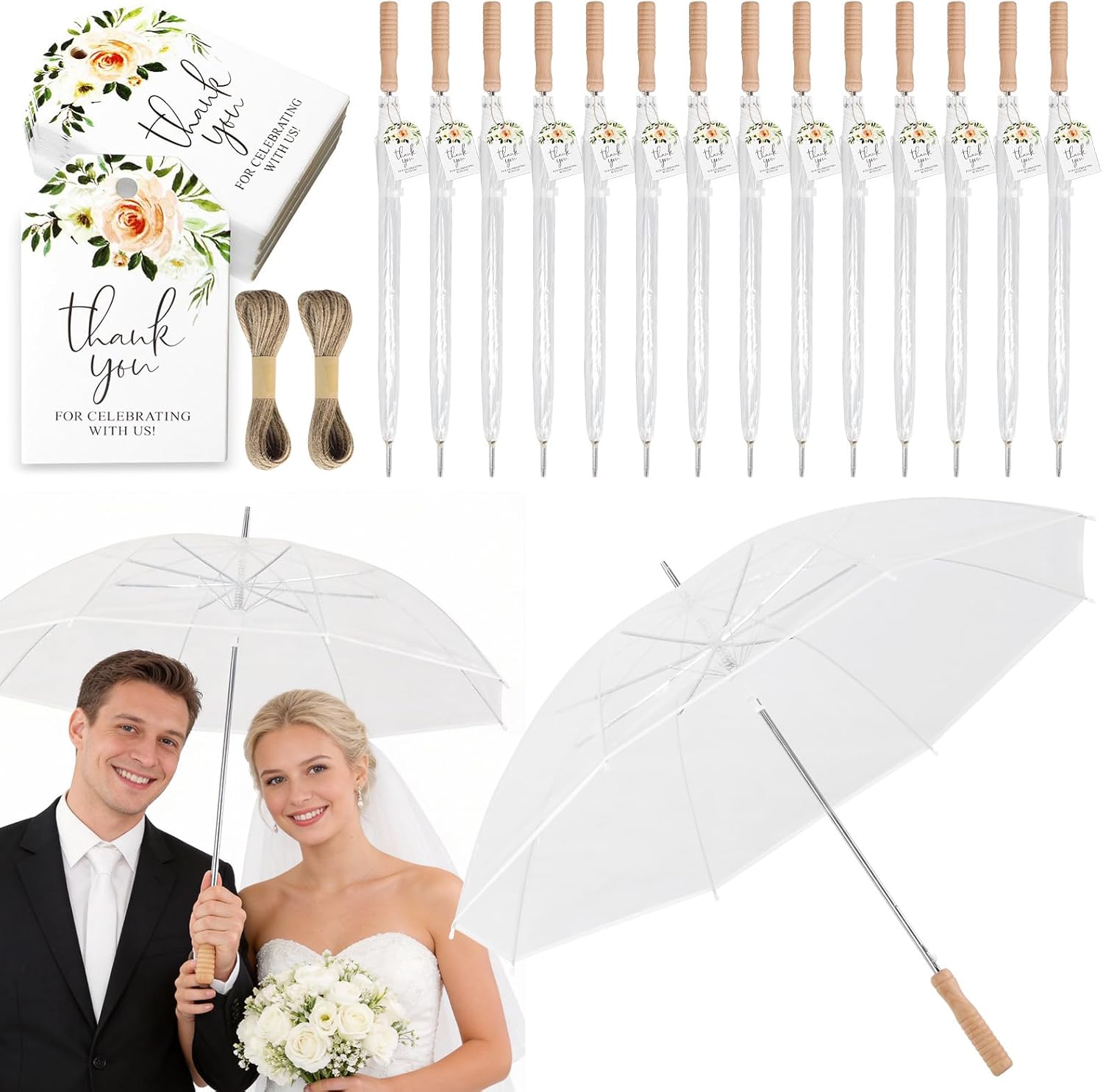 50 Pcs Wedding Stick Umbrellas Windproof Waterproof Wedding Favors for Guest Umbrella Gifts Bulk with Wooden Handle with Thank You Tags and Rope for Bride Groom Gifts Bridal Shower Party Decor