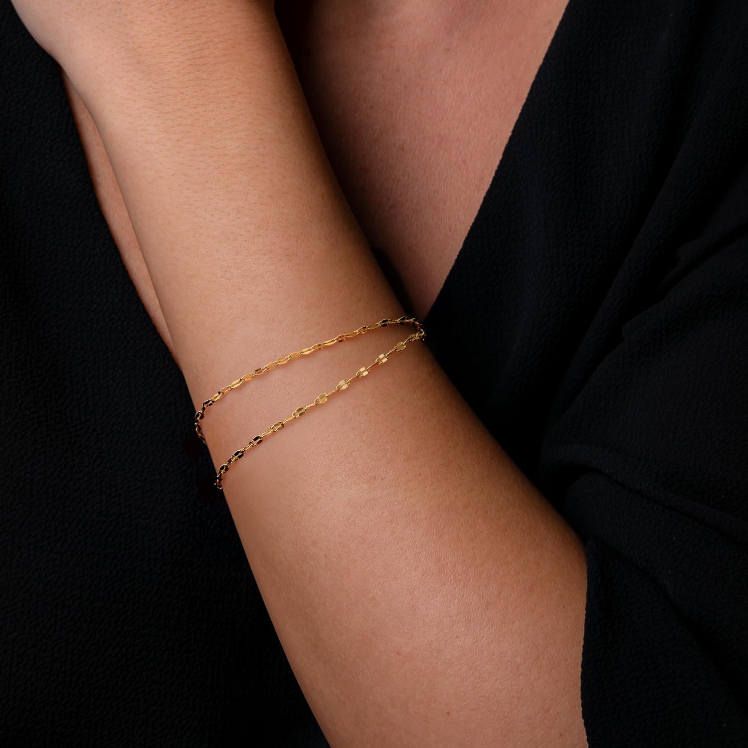 14K Gold Bracelets for Women Gold Chain Bracelets for Women Layered Bracelet Double-Layer Flat Diamond Cut Mirror Chain Design Double Layer Bracelet for Womens 6.7/7.5/8.3 inches