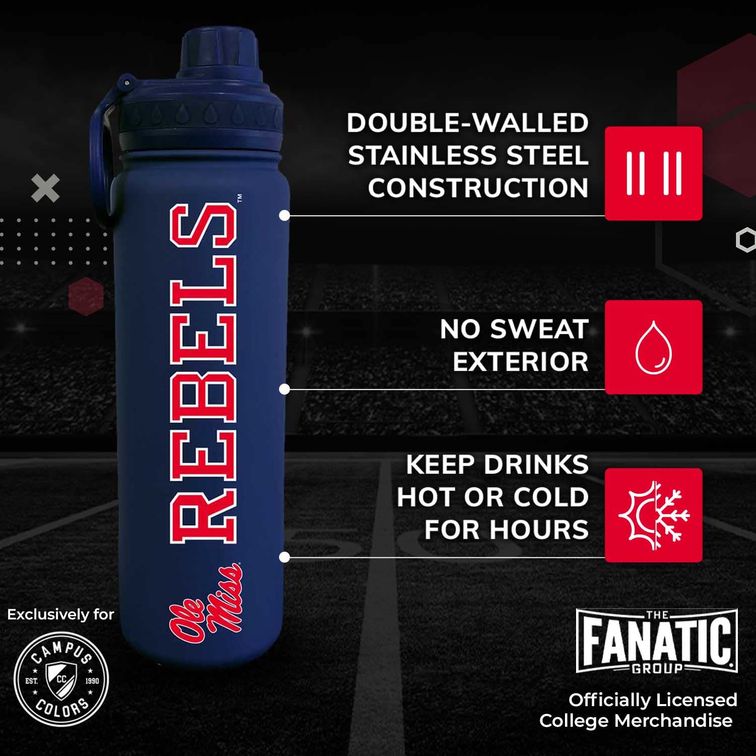Campus Colors NCAA Edelstahl-Wasserflasche – Drehverschluss – 680 ml – Trageclip – hält Ihre Getränke stundenlang heiß oder kalt (Ole Miss Rebels – Königsblau)