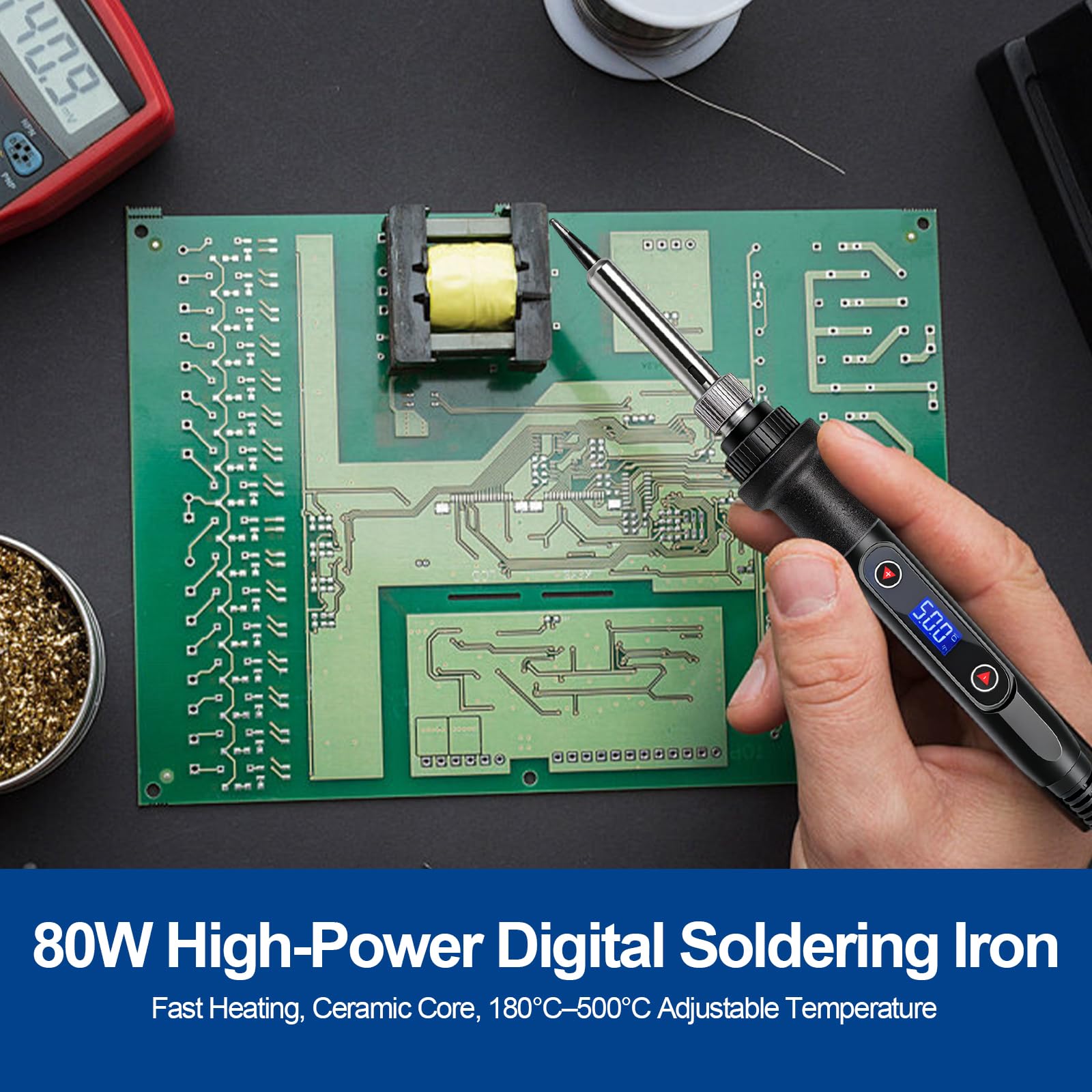 Kit Soldador, Soldador Eléctrico 80W con Pantalla LCD y Temperatura Ajustable 180-500°C, Soldador de Estaño con Interruptor ON/OFF y 5 Puntas, para Reparaciones Electrónicas y Bricolaje — view 6