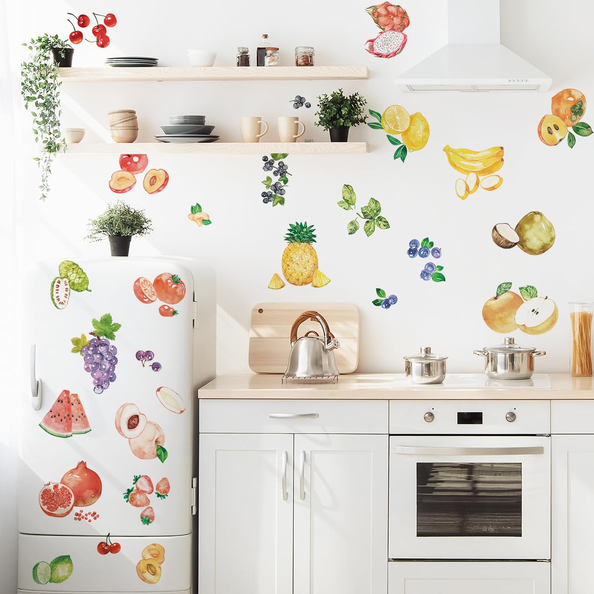 Lot de 2 feuilles d'autocollants étanches pour réfrigérateur - Autocollants décoratifs - Stickers de Fruits d'aquarelle Mural - Vinyle - Art mural - Décoration d'intérieur