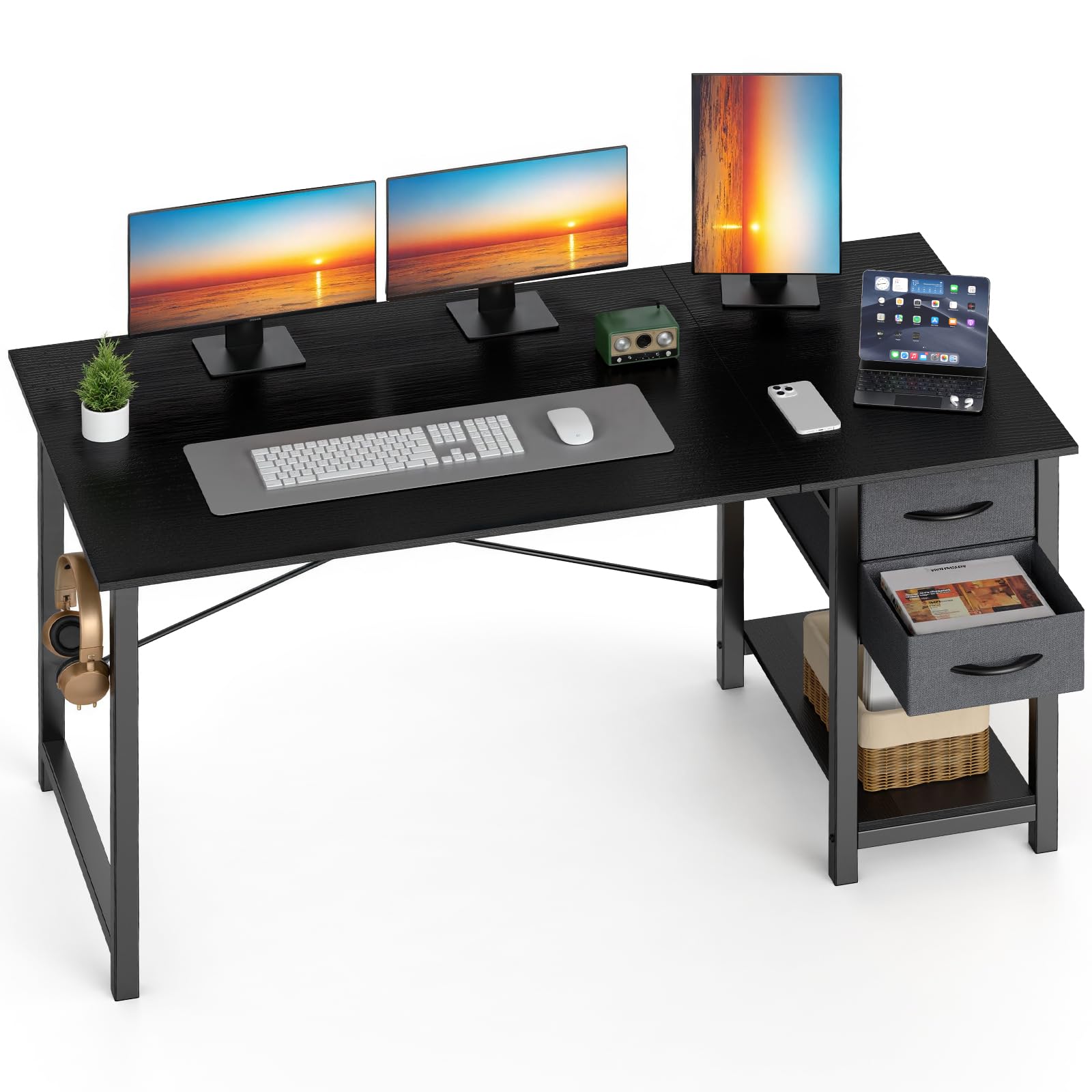 Photo 1 of **PARTS ONLY, MISSING PIECES** Sweetcrispy 47 Inch Computer Desk with Drawers for Home Office Writing Desk X Shaped Reinforcement Wood Surface Adjustable Position Modern Study Work Side Hook Metal Frame Storage Station Black