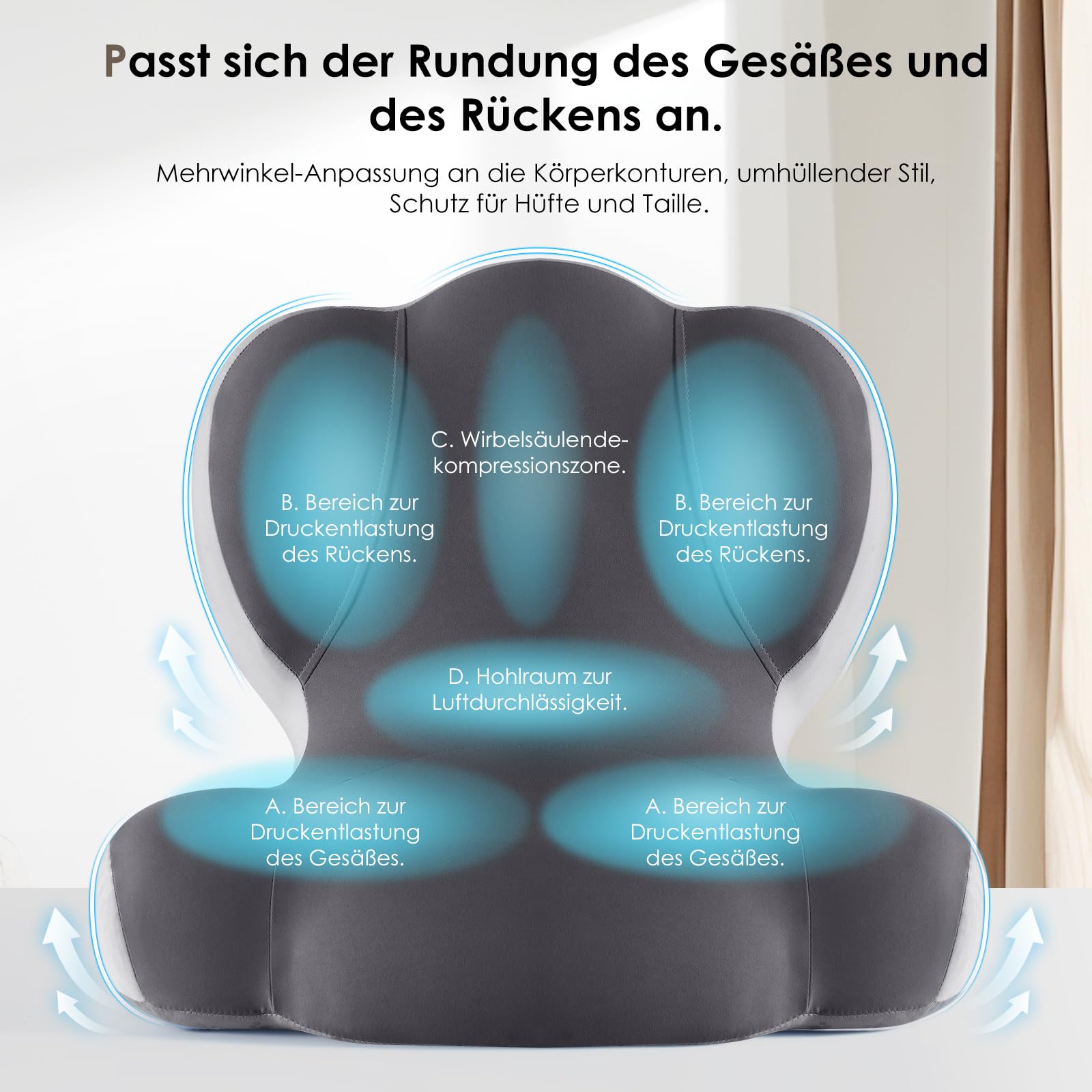 FLORICH Cuscino per Sedile Memory Foam Cuscino Lombare Sedia, Cuscino Ergonomico per Sedili di Auto, Sedie da Ufficio, Sedie a Rotelle, Grigio02