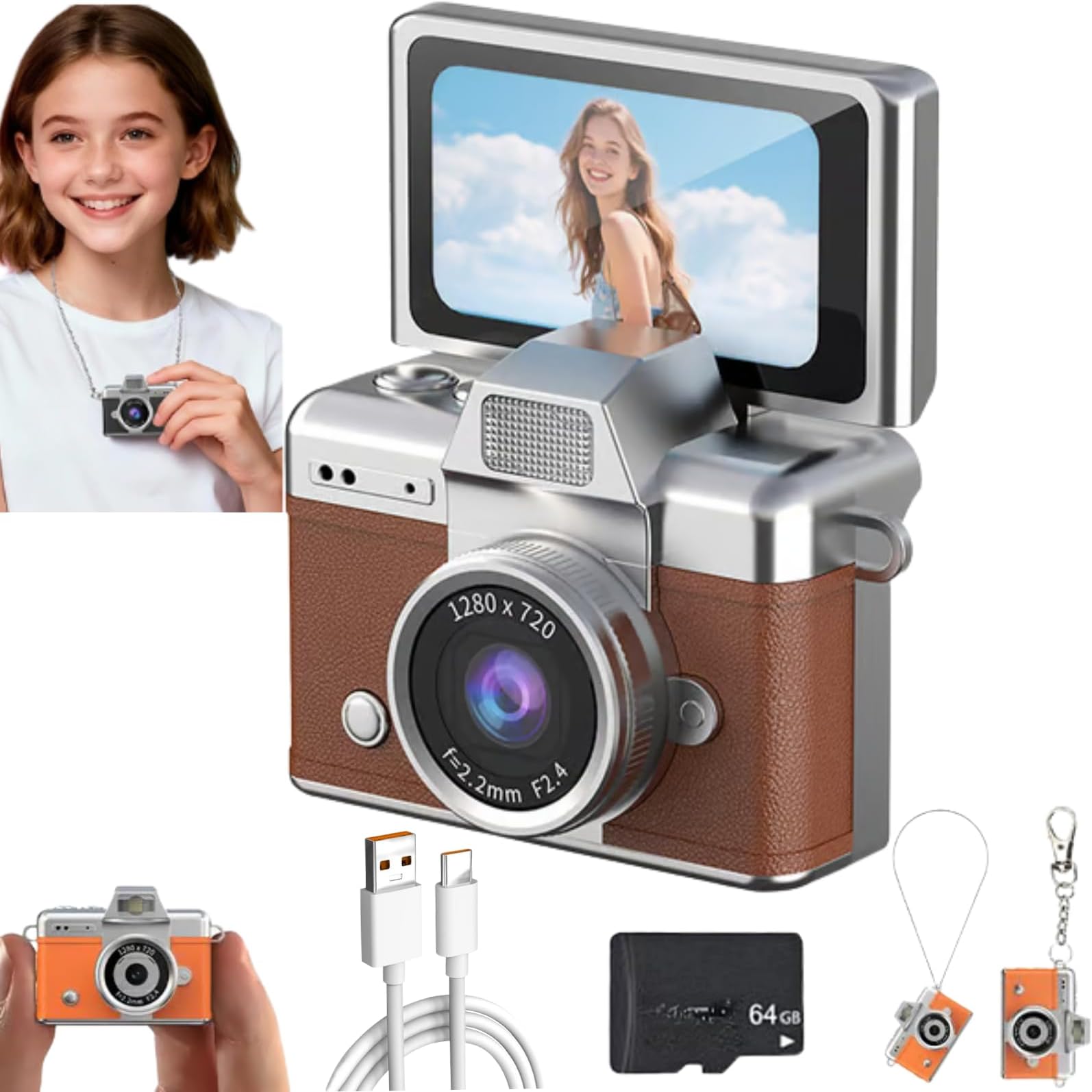 Mini Digital Camera with 1.47 in LCD Screen 1080p, Mini Retro Digital Camera Keychain with 64Gb Card - Flip Screen, Feel of Old 90s Photographs, Keychain Size, Birthday Gifts (Brown)