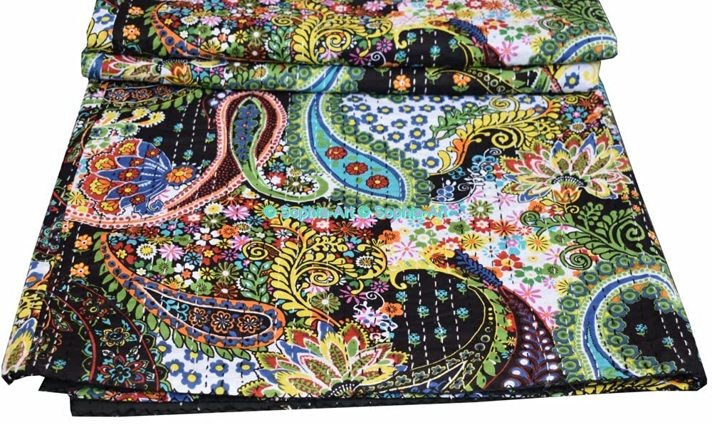 Sophia-Art Paisley Print Kantha Sofa Bedspread Indian Bed Bohemian Bedding Handmade Kantha Blanket Cover Kantha Cotton Quilt