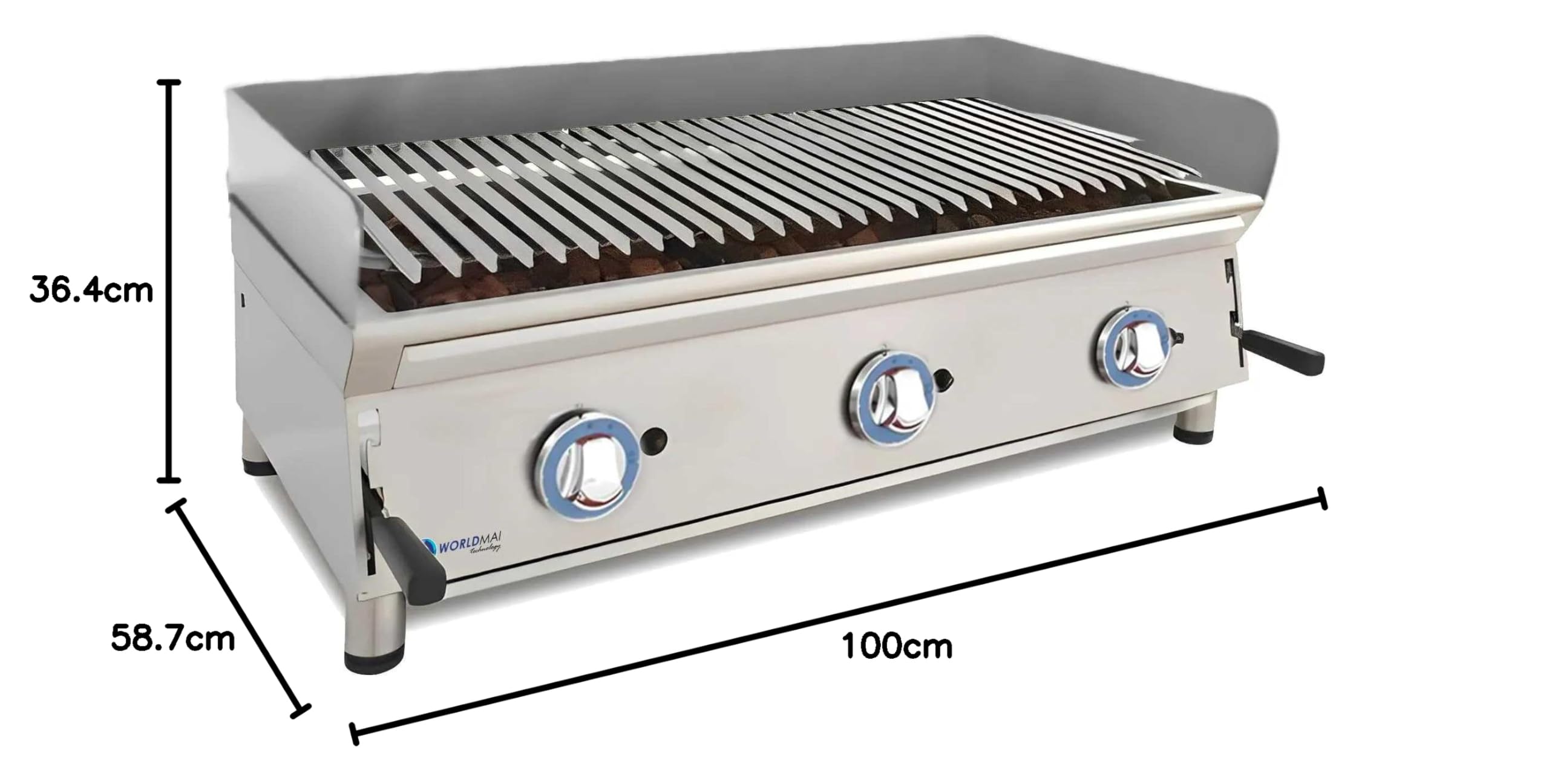 MBH - Griglia pietra lavica LUX WORLDMAI a gas da 100 cm. Barbecue in acciaio inox da banco per cucina da bar, ristoranti e ristorazione.