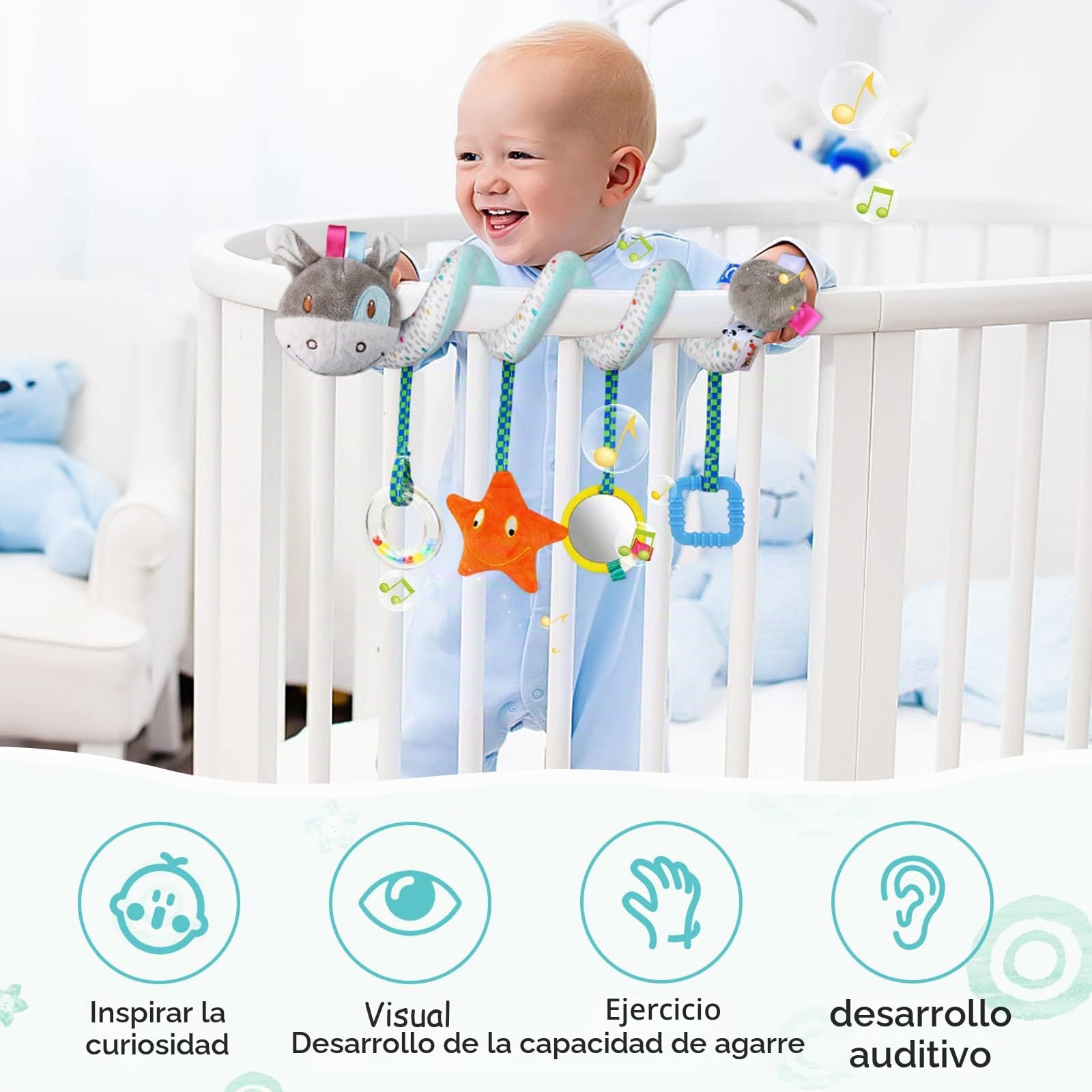 Vicloon Colgantes para Cochecitos Juguetes para Bebé de 0 a 24 Meses, Juguetes de Peluche en Espiral para Bebé con Mordedor y Sonajero, para Cochecitos/Cunas/Asientos de Automóviles (Burro)