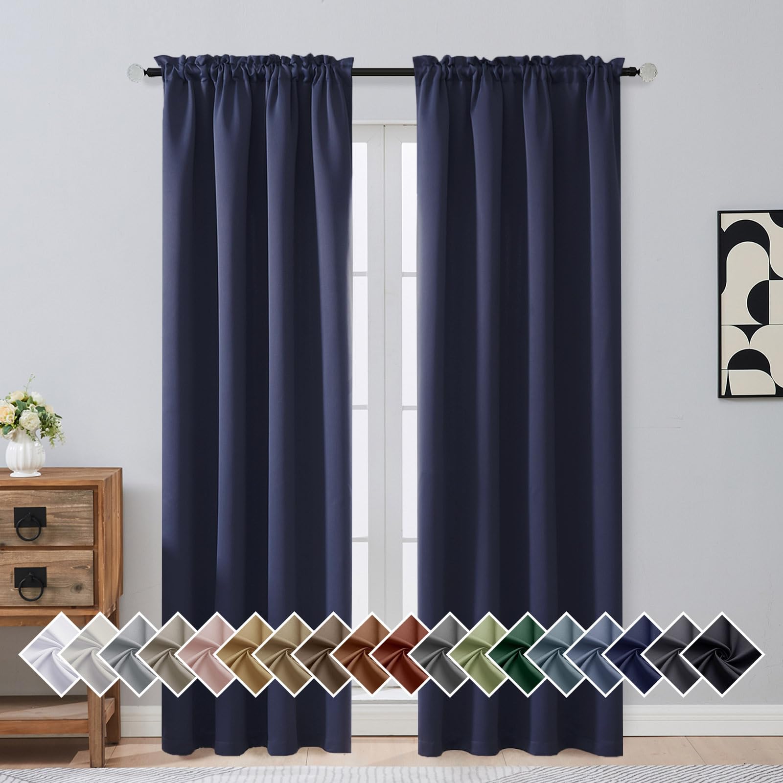 OVZME Navy Blue Blackout Curtains for Bedroom 84 Inch Length 2 Panels, Soft Fabric Room Darkening Curtains for Living Room, Dual Rod Pocket Design Modern Window Treatment Drapes, 2x40Wx84L Inches