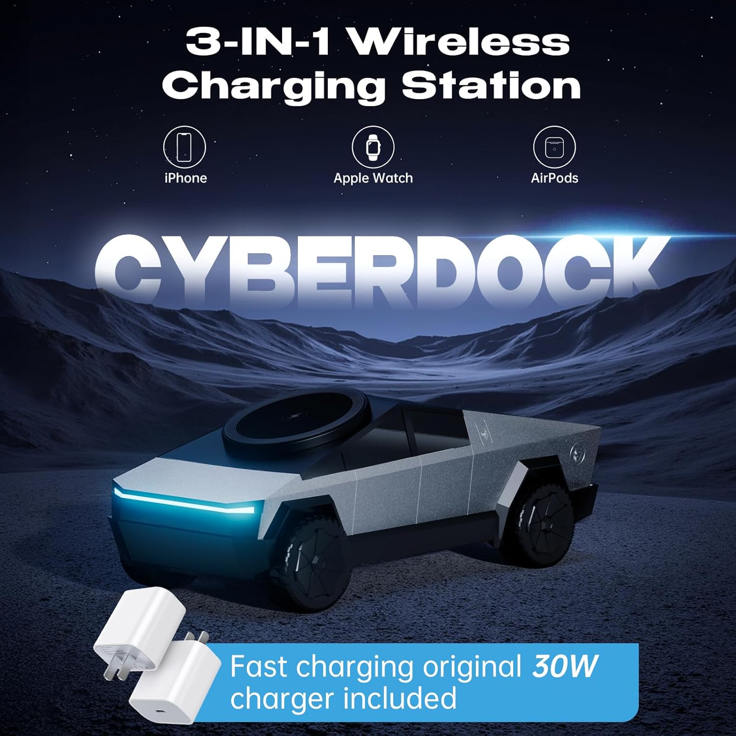 CyberDock (Latest Model) - 3-In-1 Wireless Charging Station for iPhone iWatch AirPods, Cybertruck 1:25 Scale Charger with Qi2 15W Fast Charging, Magnetic Rotation & Ambient Light, 30W Adapter (Sliver)