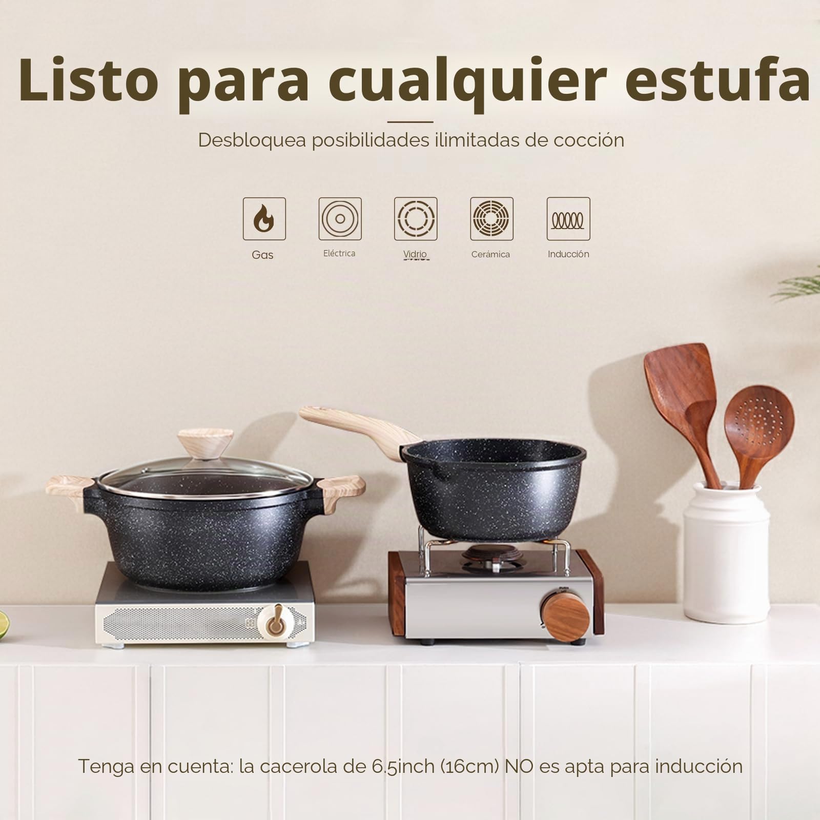Kordisen Juego de utensilios de cocina antiadherentes, 5 piezas, juego de ollas saludables y no tóxicas, compatibles con inducción, libres de PFOA y PFAS