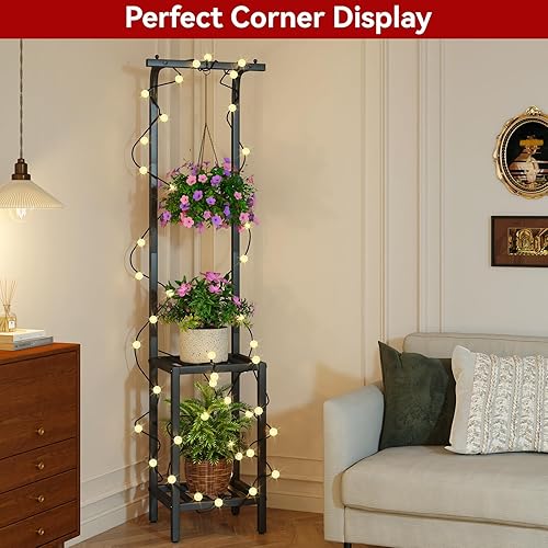 Miniatura 5 de IBUYKE Soporte para plantas de 67 pulgadas de alto para interiores y exteriores, estante de metal colgante de 3 niveles para múltiples plantas,