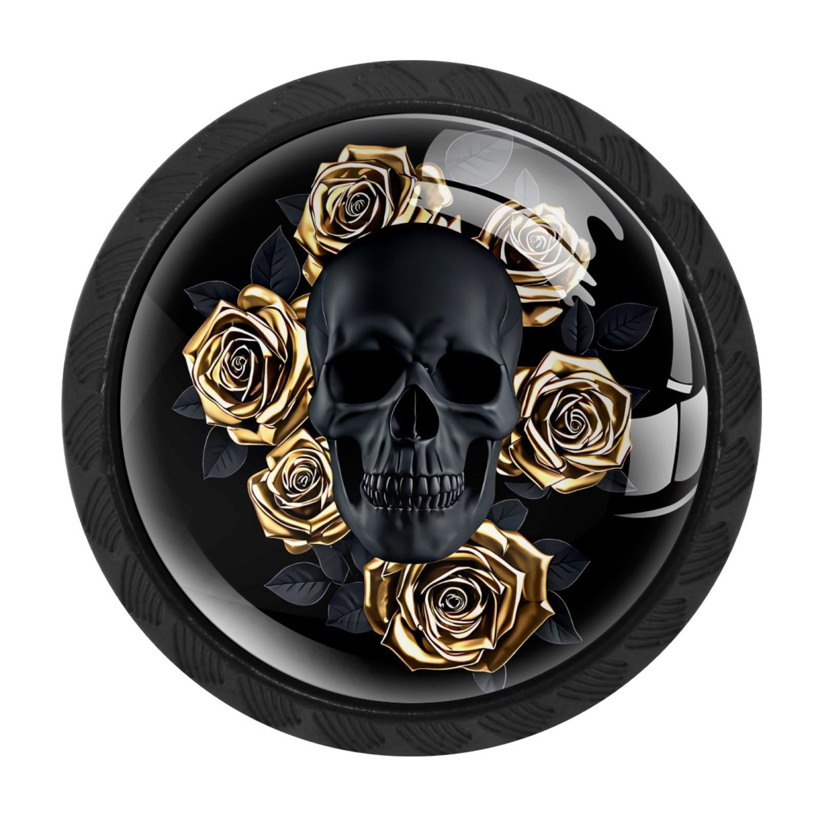 Luoweisi 4 Pack Gothic Black Skull with Golden Roses Cabinet Knobs Round Drawer Pulls Cupboard Door Handles Cabinet Hardware for Kitchen Bathroom Decor