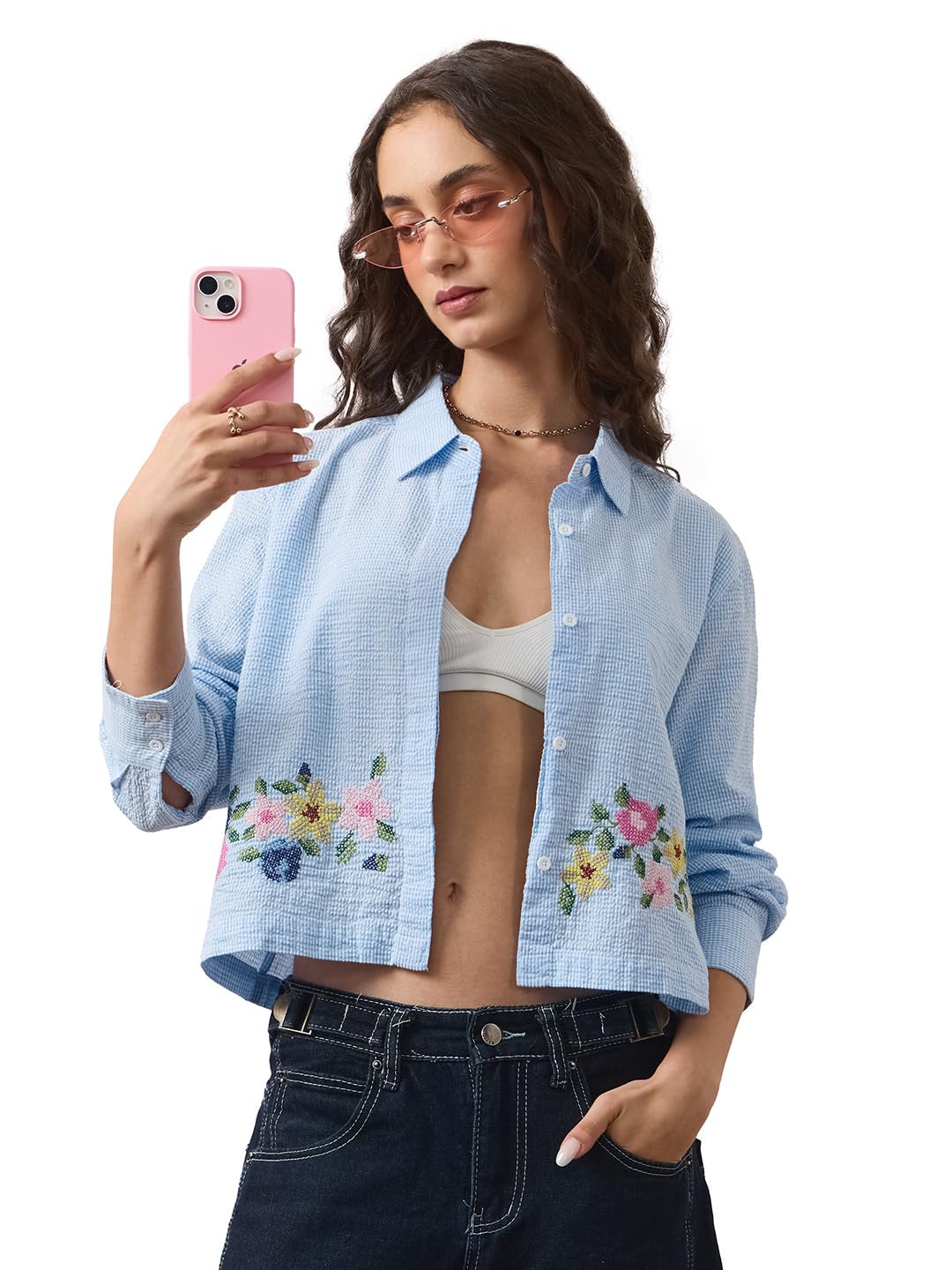 The Souled Store Serenity Women and Girls Full Length Spread Collar Light Blue Embroidered Cotton Relaxed Fit Breathable Seersucker Lightweight Everyday Shirt in blue
