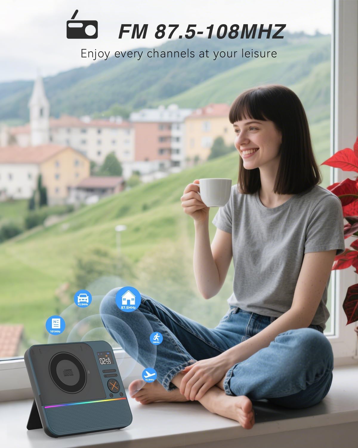 MONODEAL Bluetooth CD Player mit RGB Licht, Radio, Sleep Timer,HiFi Stereo | Wiederaufladbar Tragbarer CD Player