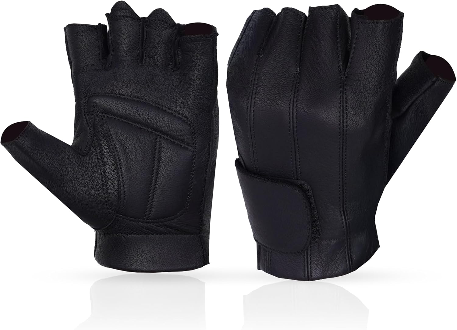 Daniel Smart Premium Leather Motorcycle Gloves for Men Fingerless Biker Gloves with Gel Palm and Wrist Strap